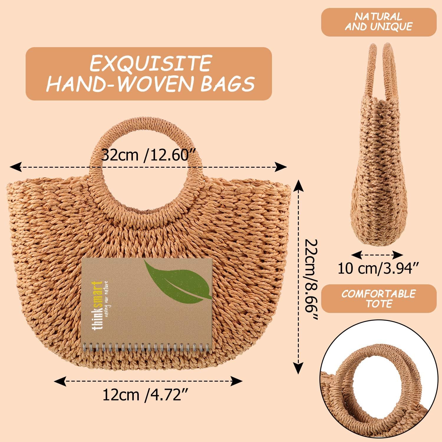 Frienda Straw Tote Bag Summer Beach Bag Handmade Straw Woven Handbag for Women Travel khaki, 12.6 x 7.87 x 8.66 Inch - Image 3