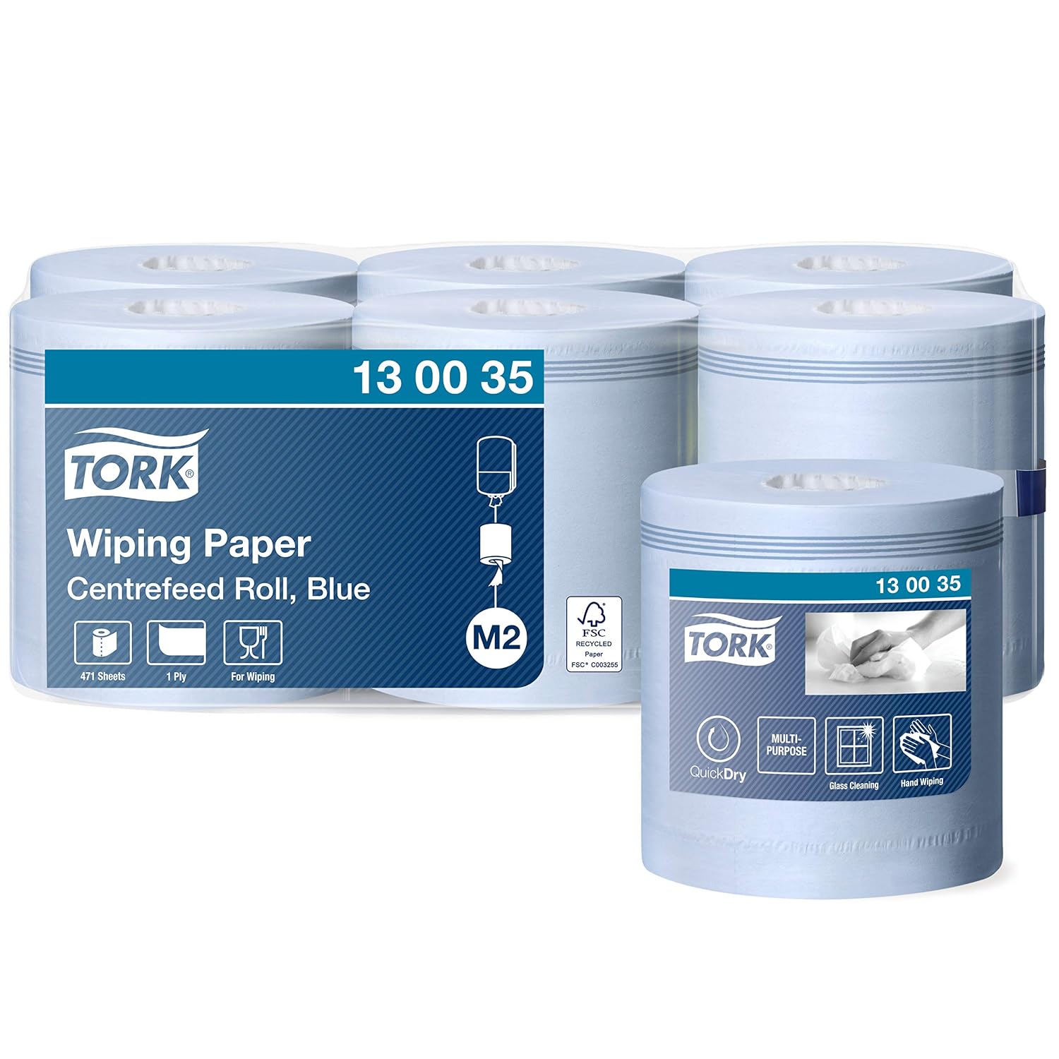 Tork 130035 Multipurpose Wiping Paper Towels/Paper Rolls Suitable for M2 Centrefeed System Big Dispensers/Blue / 6 x 165m / diameter 19cm