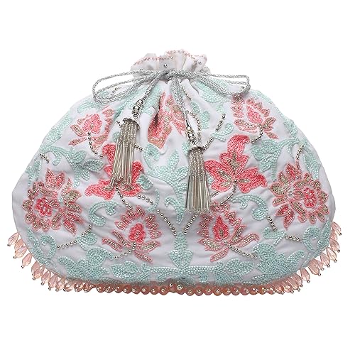 White potli bag, hand embroidered potli bag
