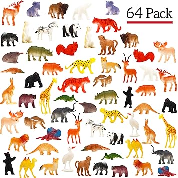 Animal Toy, 64 Pack Mini Wild Plastic Animals Models Toys Kit, Funcorn Toys Jungle Realistic Animal Figure Set for Children Kids Boy Girl Party Favors Educational Toy Birthday Game Classrooms Rewards