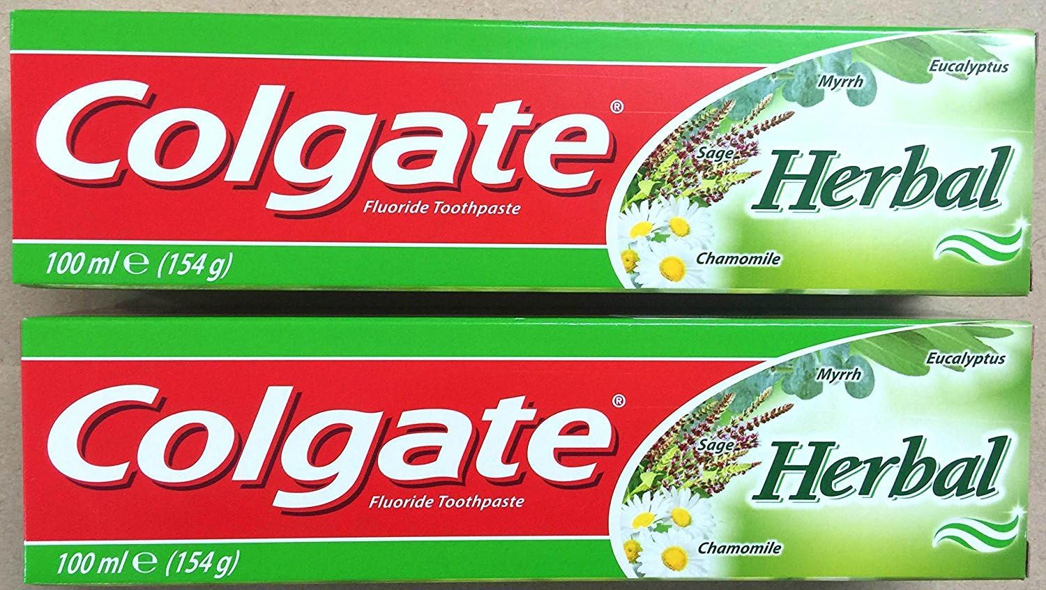 2 x Colgate Herbal Fluoride Toothpastes 100ml (154g) Eucalyptus, Myrrh, Sage & Chamomile, 100 ml (Pack of 1)