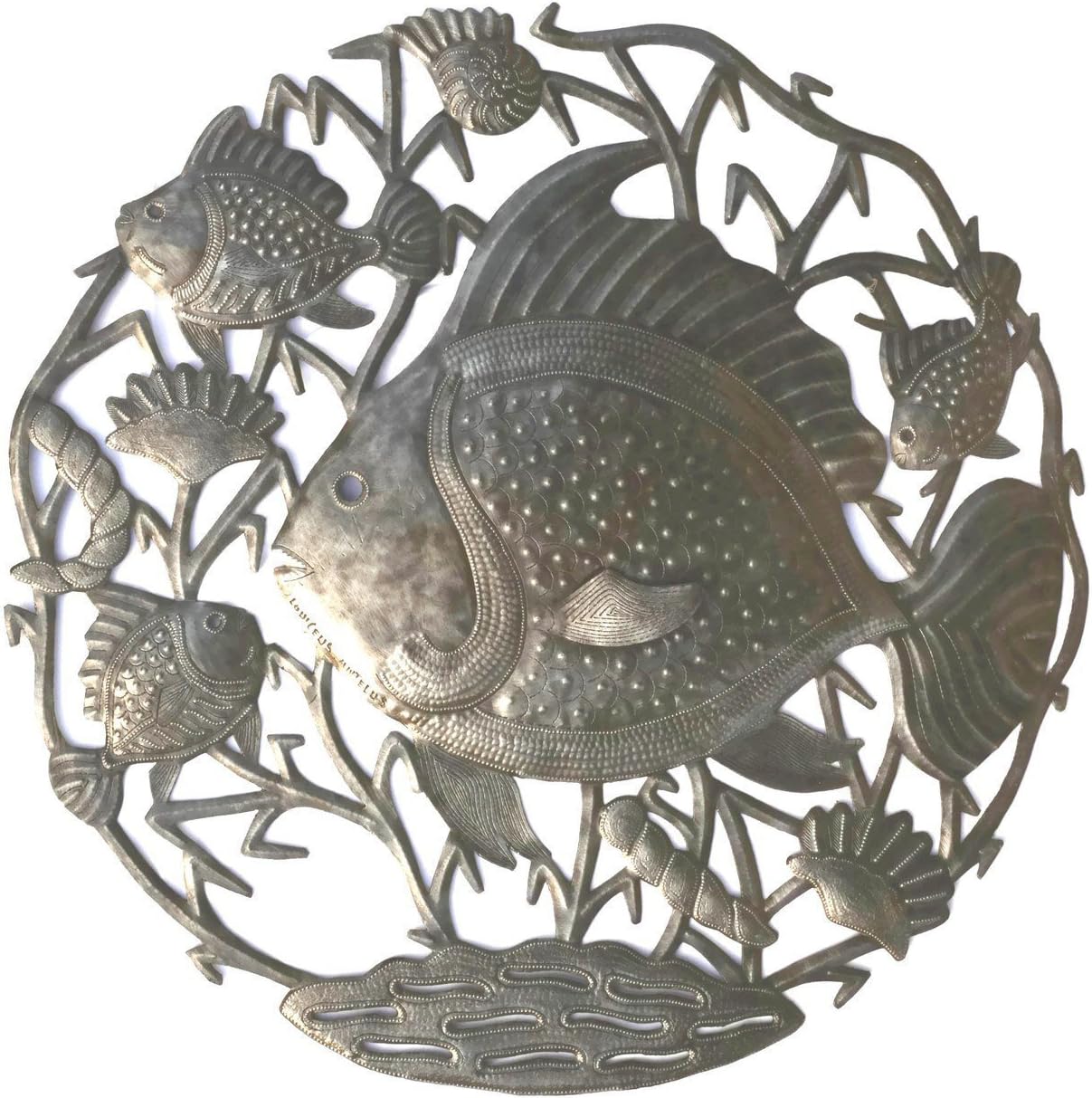 Sea Life Metal Wall Hanging Home Decorations, Nautical, Fish, Turtles, Ocean, Beach Themed, Handmade in Haiti from Recycled Steel Barrels 24 in. x 24 in. (SEA Life Ocean)