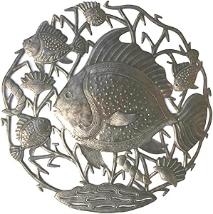 Sea Life Metal Wall Hanging Home Decorations, Nautical, Fish, Turtles, Ocean, Beach Themed, Handmade in Haiti from Recycled Steel Barrels 24 in. x 24 in. (SEA Life Ocean)