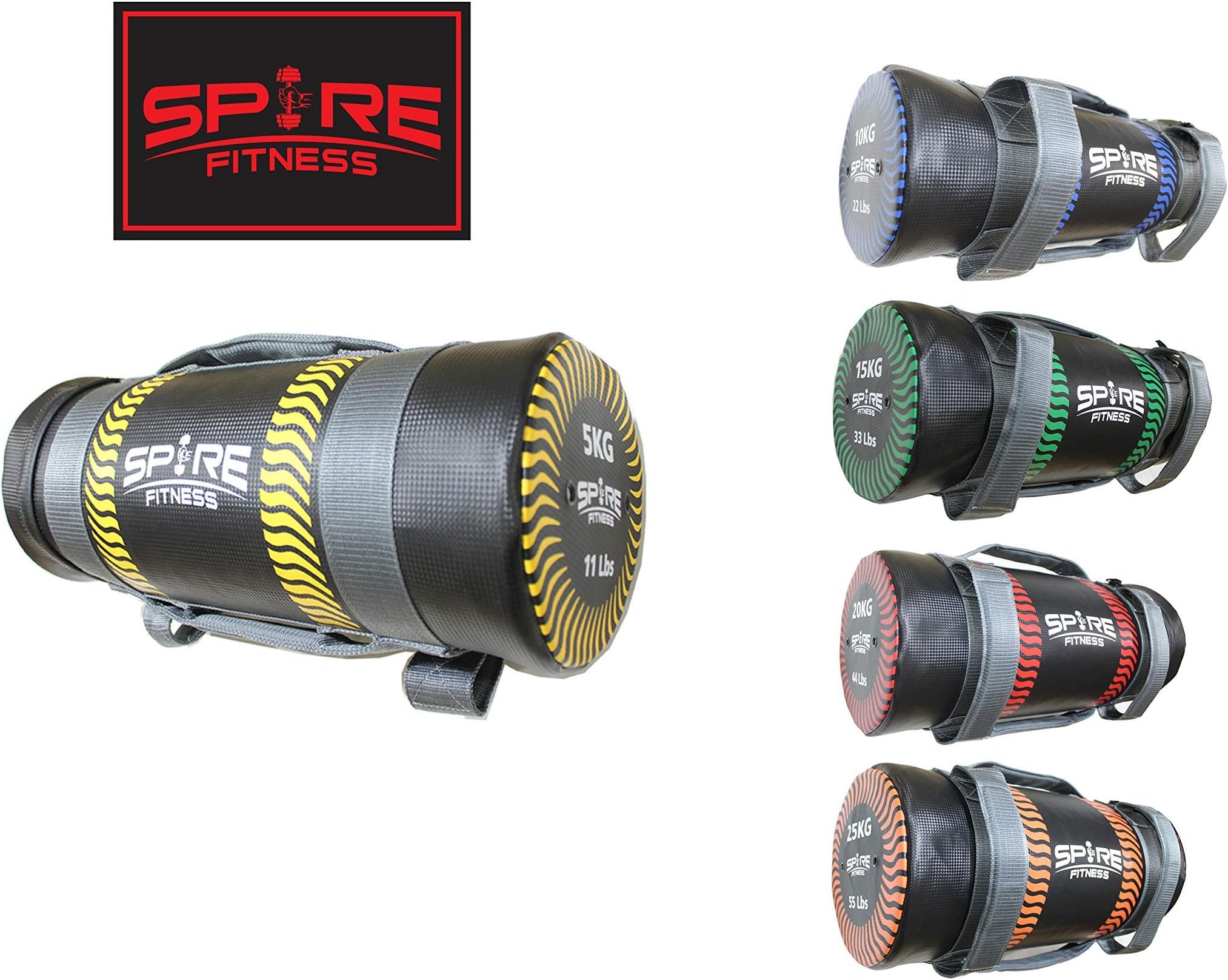 Spire Fitness Sandbags, Colour Coded Weight increments for Easy Identification, GUNKI Sand Filled Inner Foam core with Vinyl Covering Dual Layer Straps for Durability