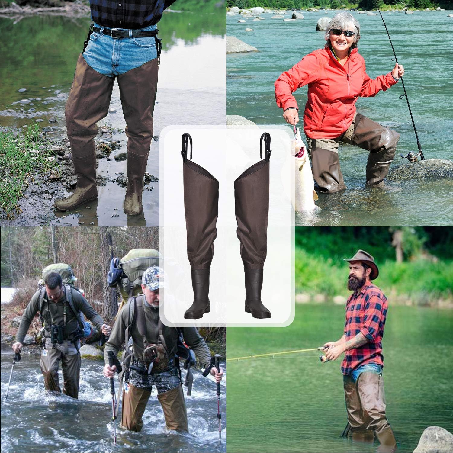 OXYVAN Hip Waders Lightweight Fishing Waders for Men Women with Boots 2-Ply PVC/Nylon Waders for Women Men with Boots (Green and Brown) : Sports & Outdoors