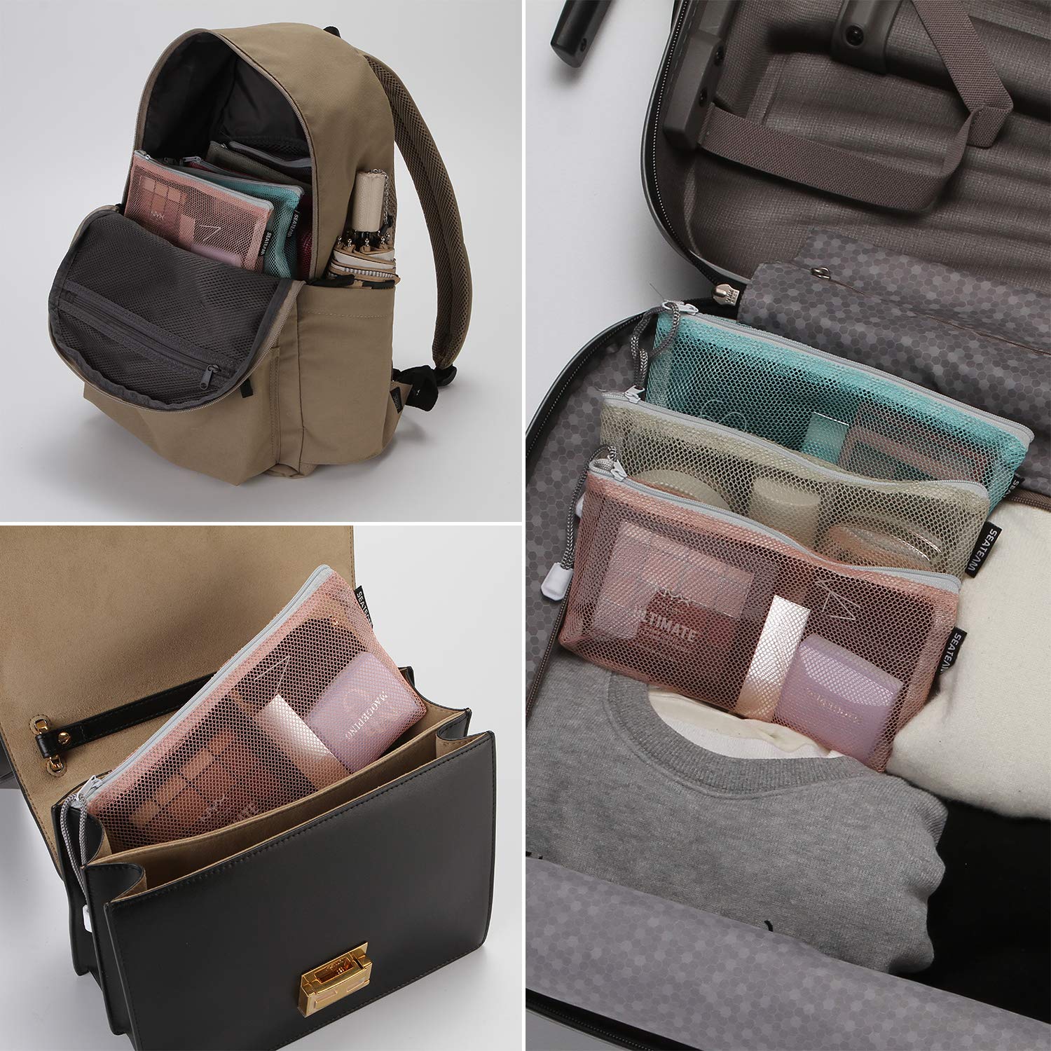 Sea Team 6pcs Multicolored Portable Travel Toiletry Pouch Nylon Mesh Cosmetic Makeup Organizer Bag with Zipper : Beauty