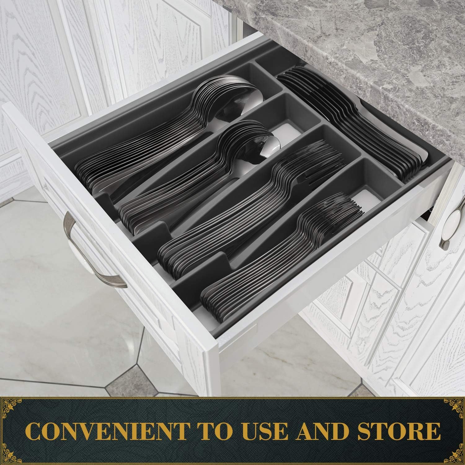 Hiware Black Stainless Steel Silverware Set with Tray Organizer, Mirror Finish, 20-Piece Flatware Cutlery Set Service for 4, Dishwasher Safe: Kitchen & Dining