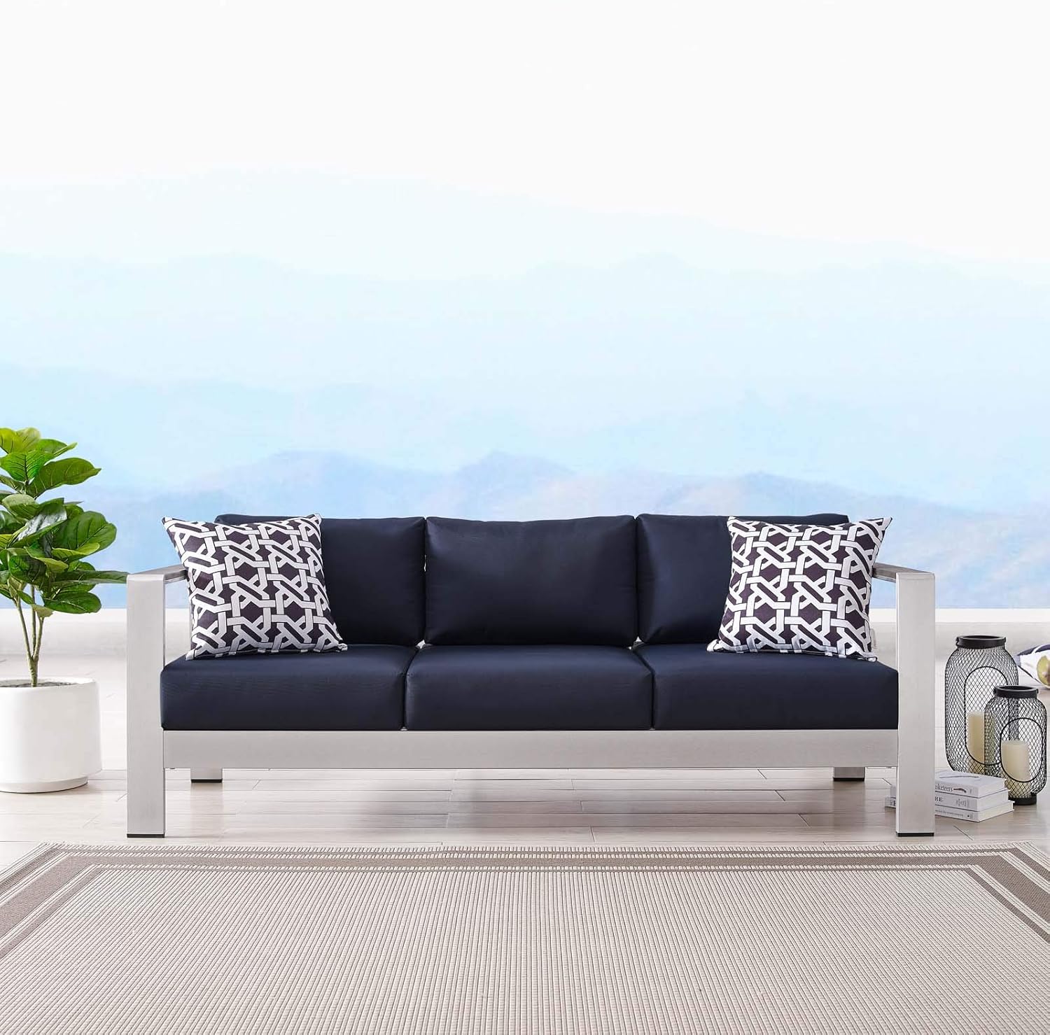 Modway Shore Aluminum Metal Outdoor Patio Sofa With Silver Navy All-Weather Cushions : Garden & Outdoor