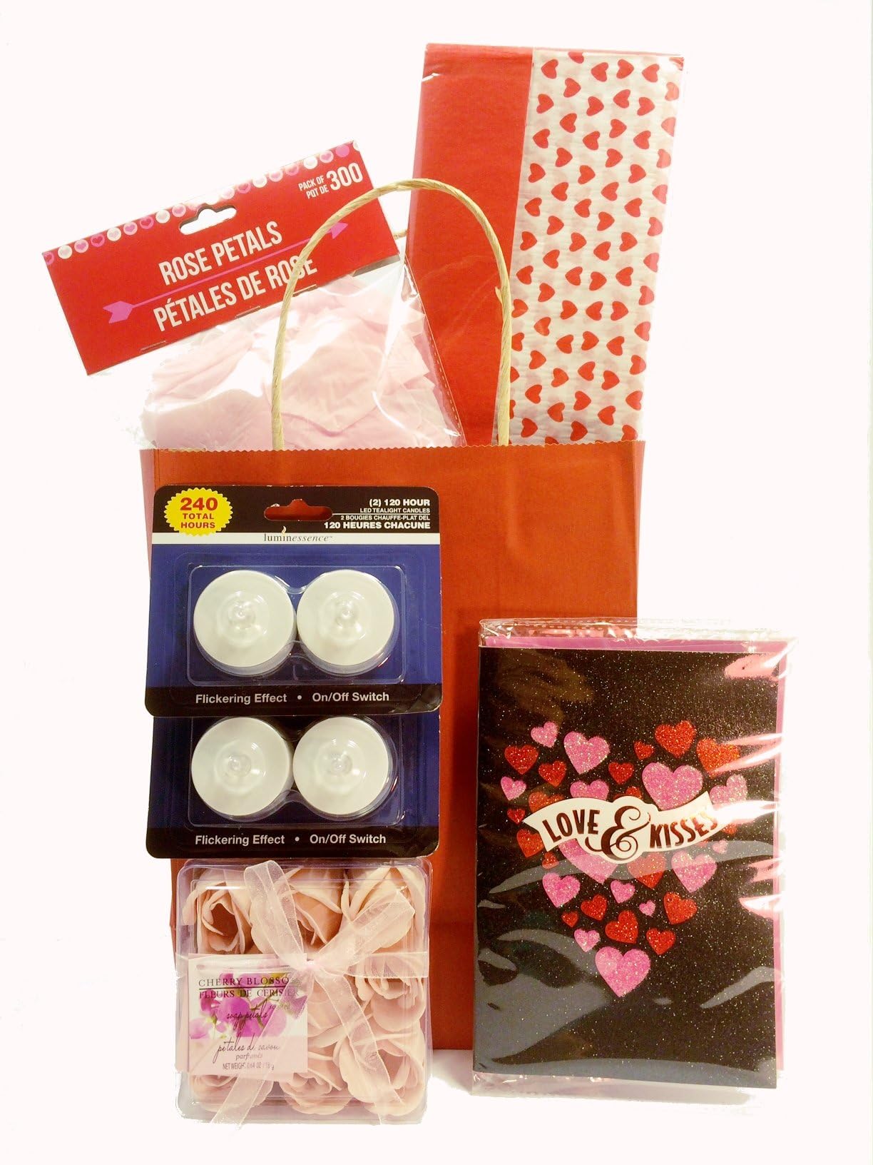 Romance Love Bundle; Complete with Gift Bag, Tissue Paper, 300 Pink Fabric Rose Petals, 9 Pink Cherry Blossom Scented Rose Petal Soaps, 4 LED Tealight Candles and a Love Greeting Card