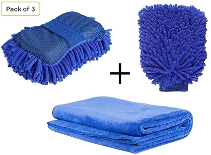 Aloud Creations Car/Bike Cleaning Combo - Chenille Microfiber Car Wash Sponge and Gloves - Pack of 3