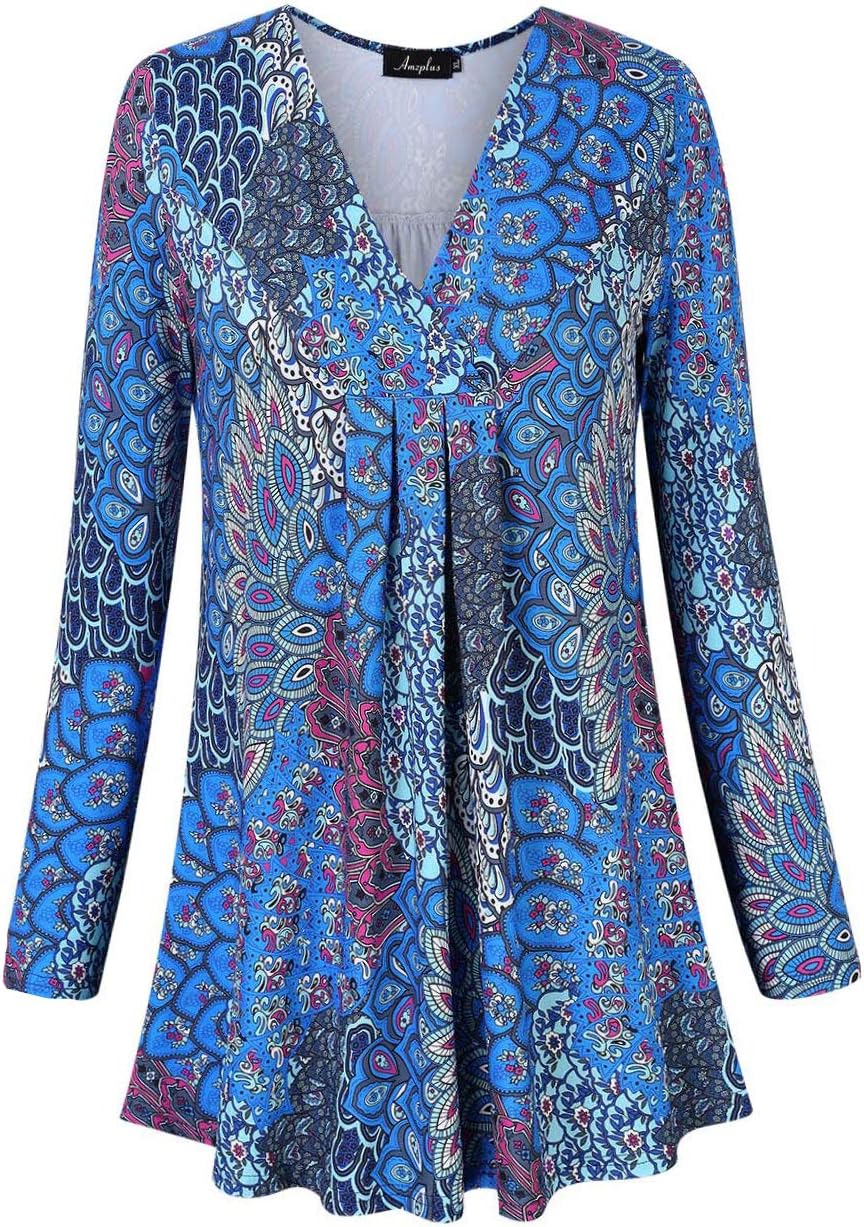 Women's Plus Size Long Sleeve V Neck Tunic Tops Pleated Flowy Tee Shirt Causal Loose Blouse