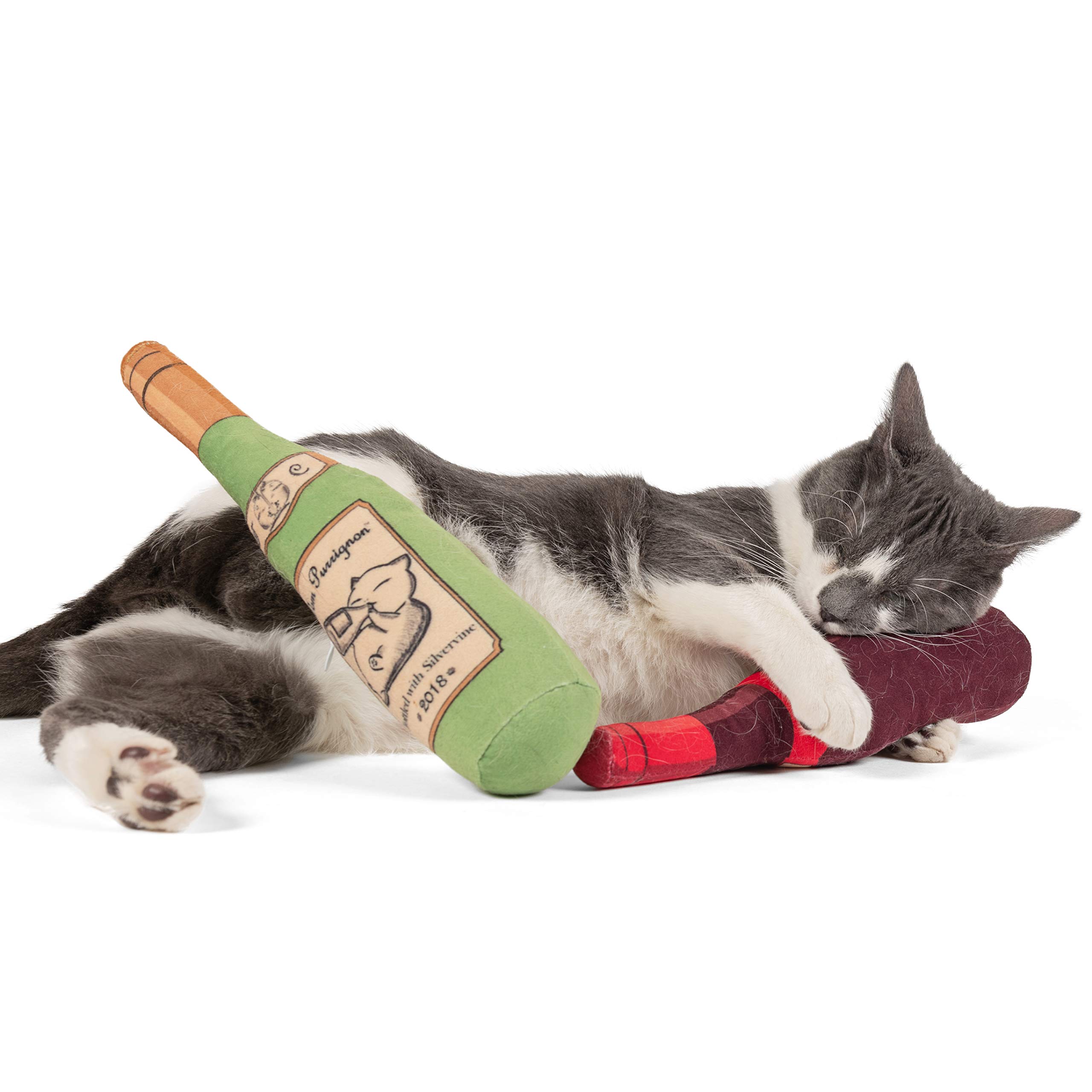Twin Critters Organic Silvervine Catnip Toy Wine Bottle Refillable Plush 2Pack for Cats