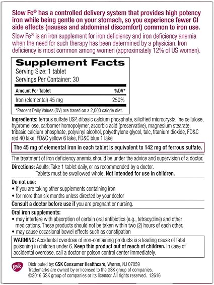 Amazon Com Slow Fe Iron Supplement Tablets For Iron Deficiency Slow Release High Potency 30 Count Health Personal Care