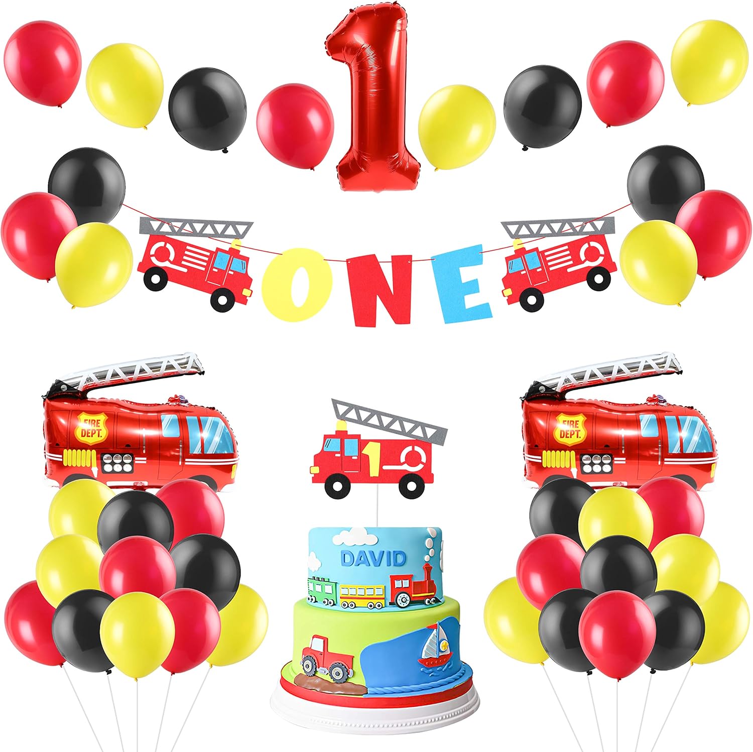 MALLMALL6 42Pack Firefighter One Year Old Themed Party Supplies Fireman First Birthday Party Favor Decoration Fire Truck 1st Banner Cake Topper Balloon Decor Photo Prop for Kids Boys Girls Baby Shower