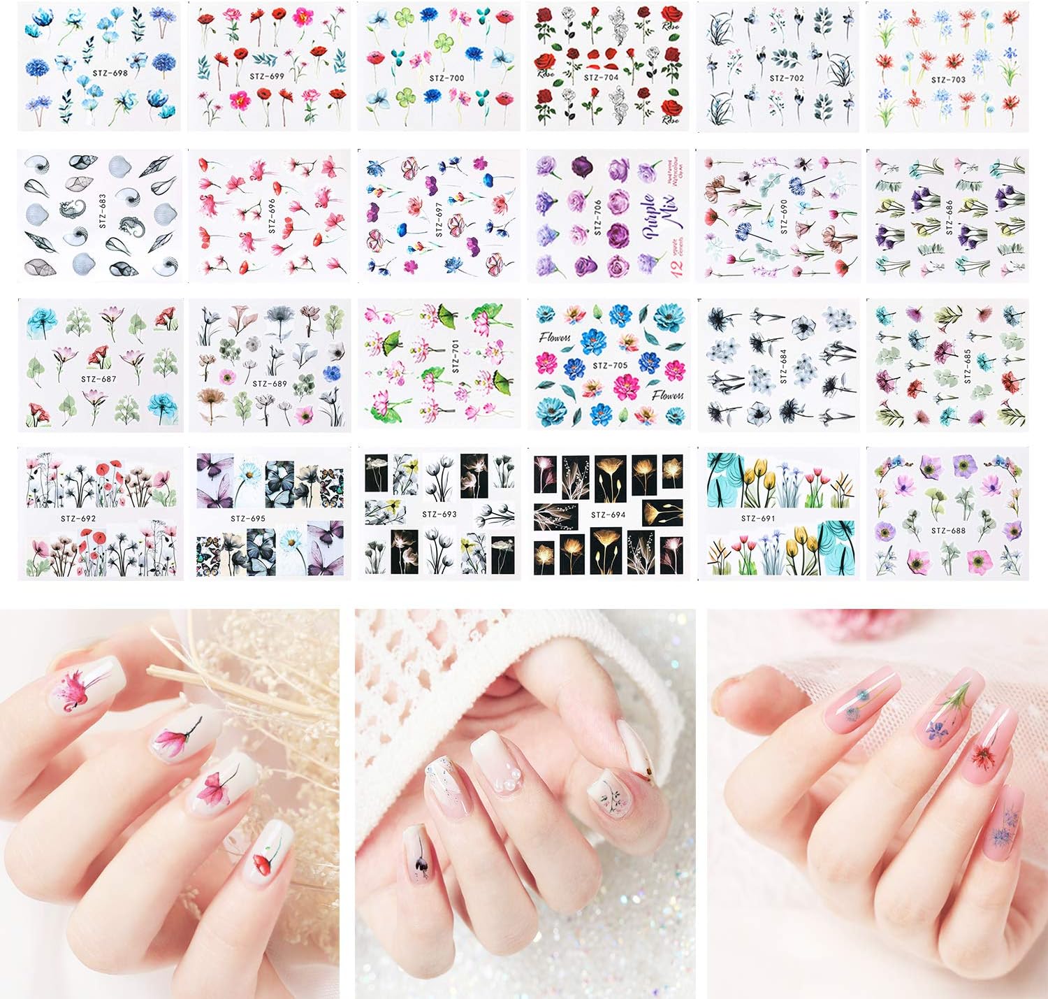 Nail Art Stickers, FunPa 24 Sheets Nail Stickers Floral Pattern Water Transfer DIY Nail Decals Self-Adhesive Stickers for Women Girls Nail Art Accessories Decals Manicure DIY or Nail Salon: Arts, Crafts & Sewing