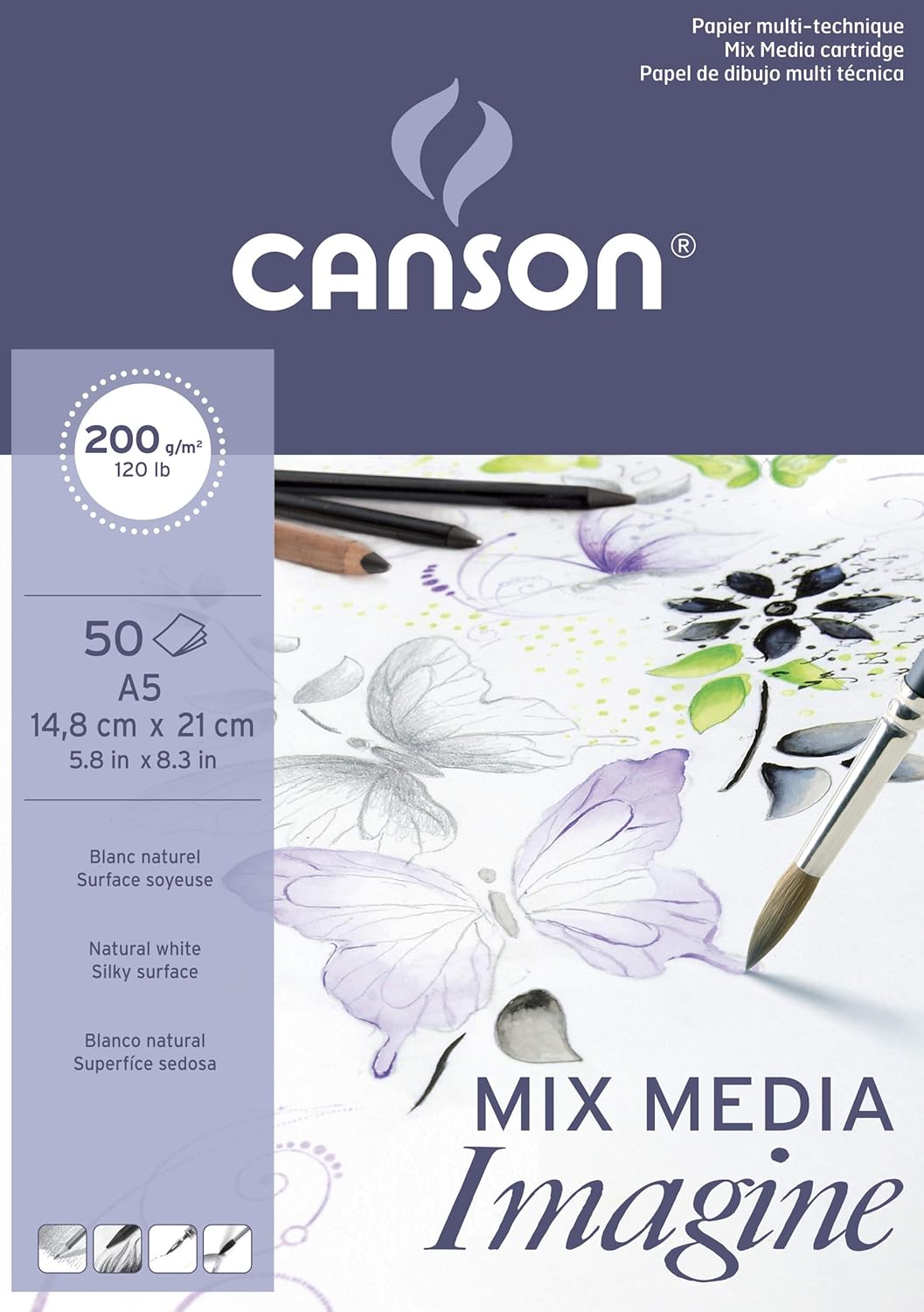 Canson Imagine A5 200g White Mixed Media Paper Pad, Light Grain, Markers, Brushes, Felt Tip-Pens