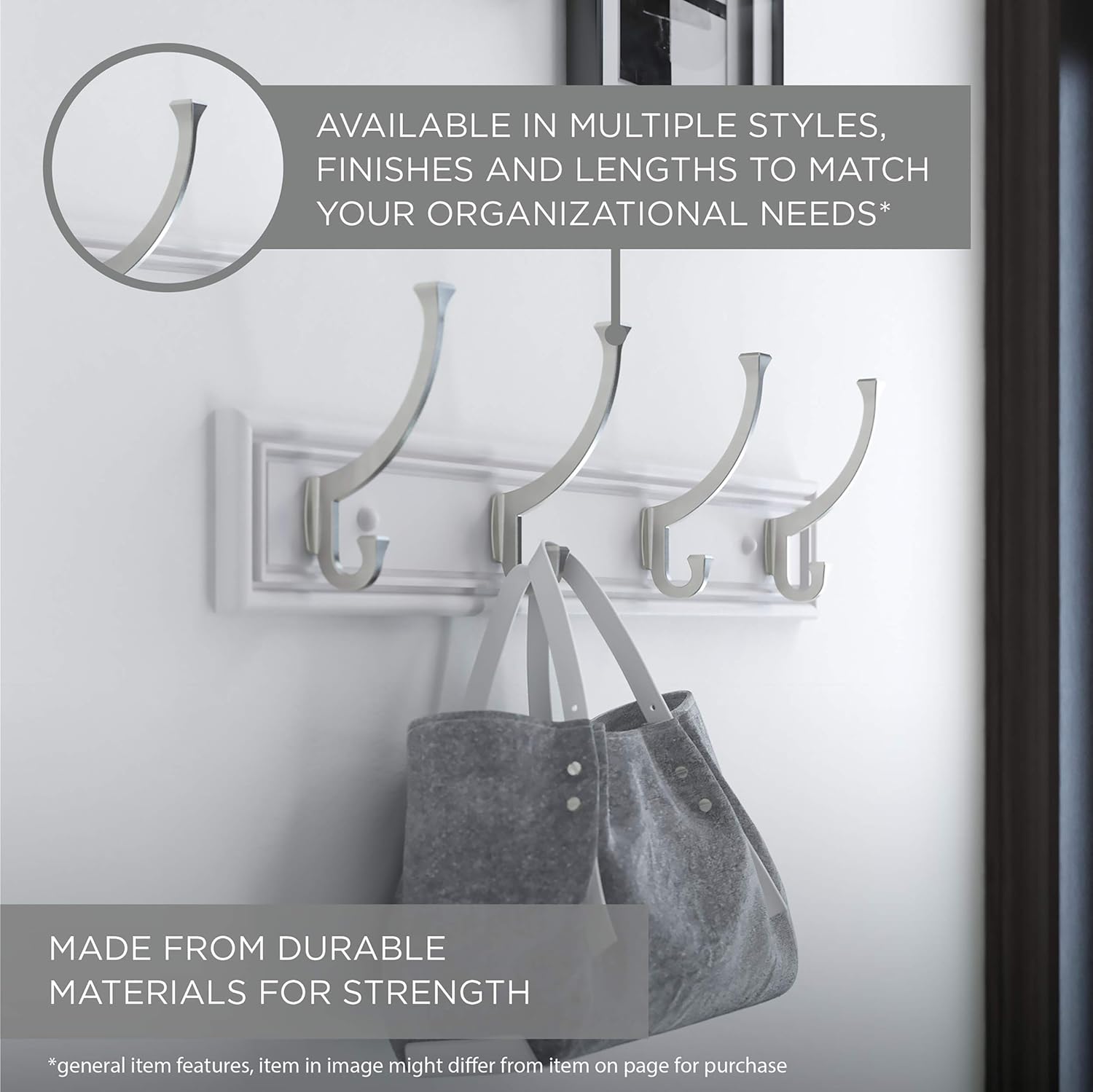 Franklin Brass FBDPRH3-WSE-R, 16" Hook Rail/ Rack, with 3 Double Prong Robe Hooks, in White & Satin Nickel - - 