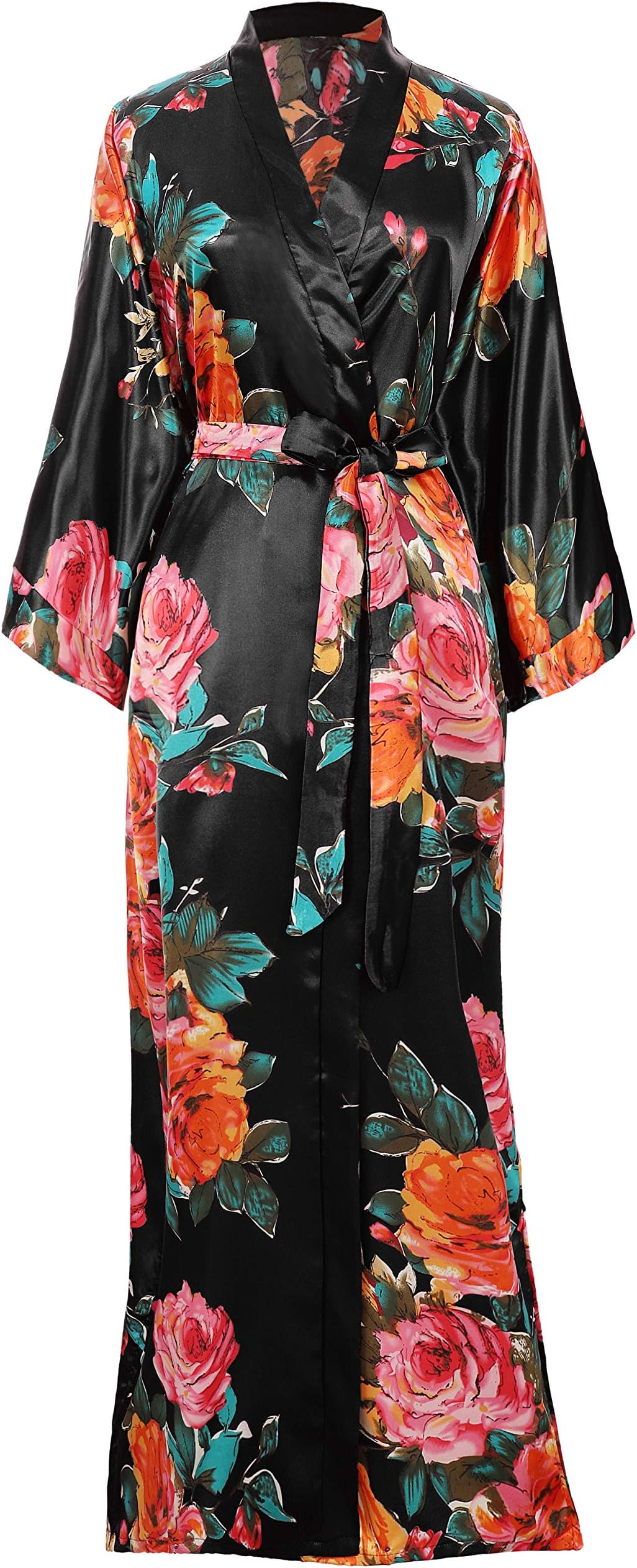 Coucoland Women's Kimono Dressing Gown Satin Kimono Cardigan Long Printed Robe Chinese Japanese Style for Nightwear Girl's Bonding Party Wedding Pajama Party 135cm/53inches