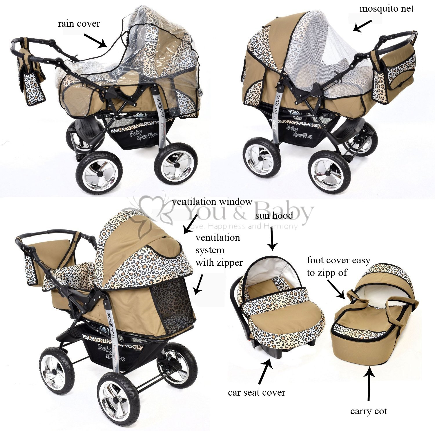 Brown Three in one Car Carrier Seat and Sport Buggy with accessories 
