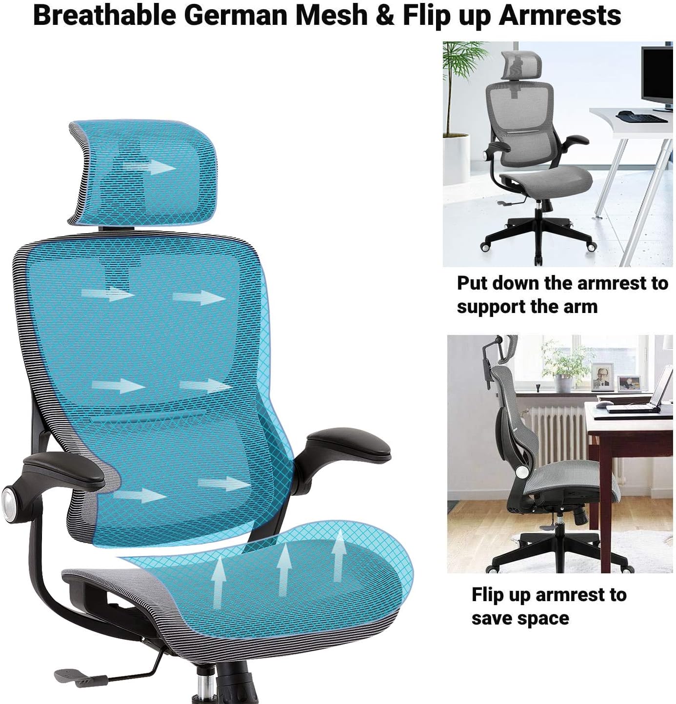 Office Chair Ergonomic Desk Chair High Back Mesh Computer Task Chair Swivel Stool Rolling Home Office Chair with Flip up Arms Adjustable Lumbar Support Headrest 300lb: Kitchen & Dining