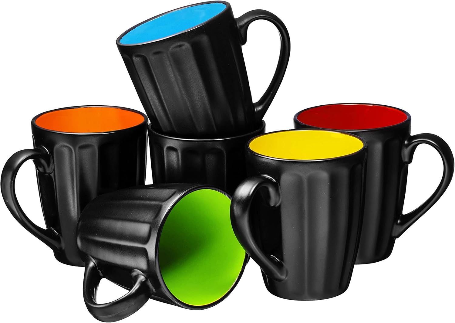 Set of 6 Large-sized 16 Ounce Ceramic Coffee Grooved Mugs, Matte Black