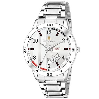 Golden Bell (Label) Professional Day and Date Calender Function Chronograph Display White Dial Silver Metal Chain Mens Watch - 1168GB