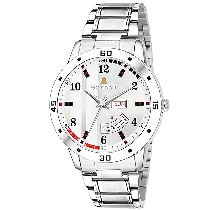 Golden Bell (Label) Professional Day and Date Calender Function Chronograph Display White Dial Silver Metal Chain Mens Watch - 1168GB