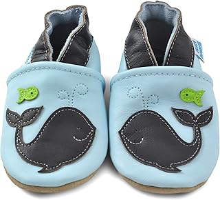 Juicy Bumbles - Weicher Leder Lauflernschuhe Krabbelschuhe Babyhausschuhe mit Wildledersohlen. Junge Mädchen Kleinkind- Gr. 12-18 Monate (Größe 22/23)- Wal