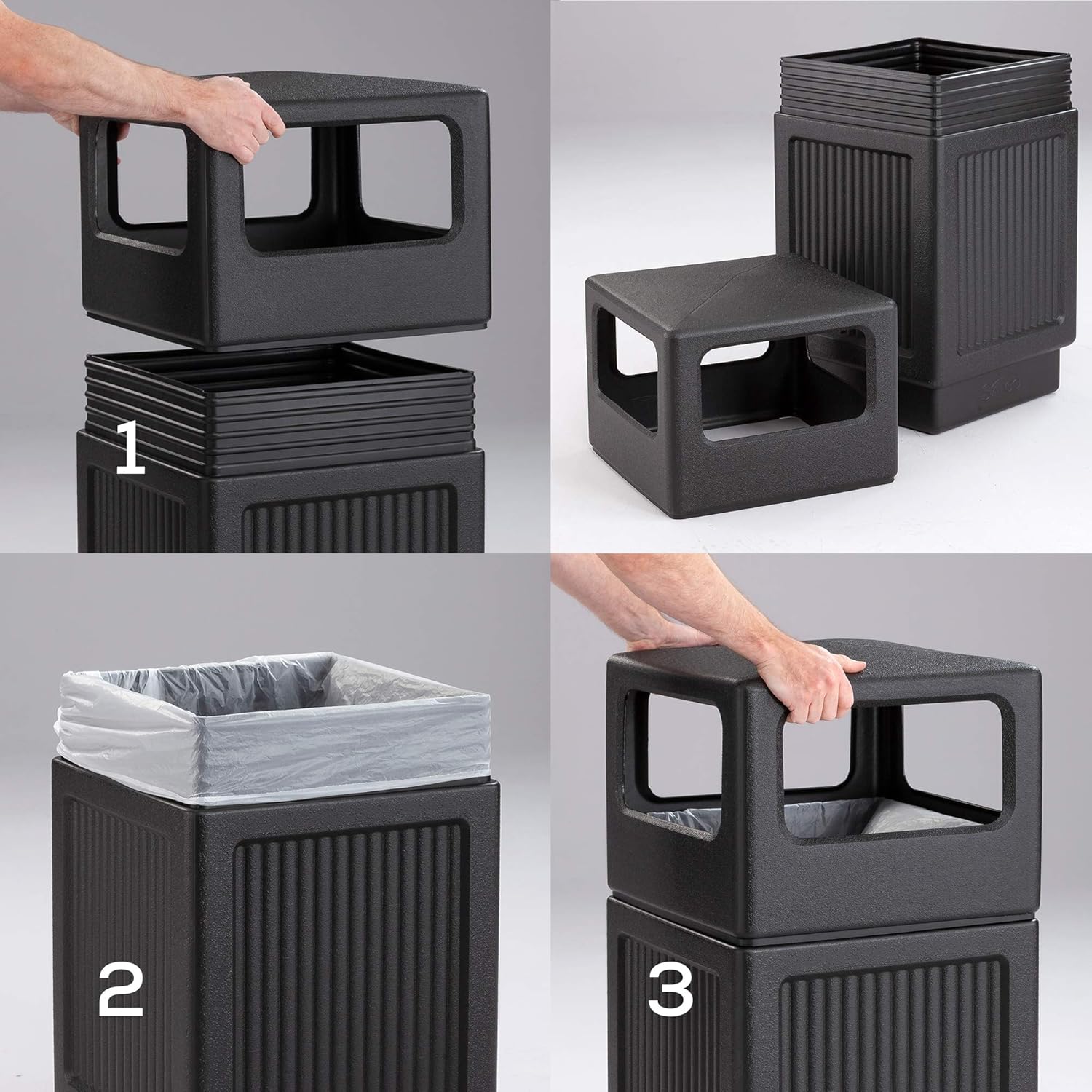 Safco Products Canmeleon Outdoor/Indoor Recessed Panel Trash Can 9476BL, Black, Decorative Fluted Panels, 38-Gallon Capacity : Outdoor Waste Bins : Office Products