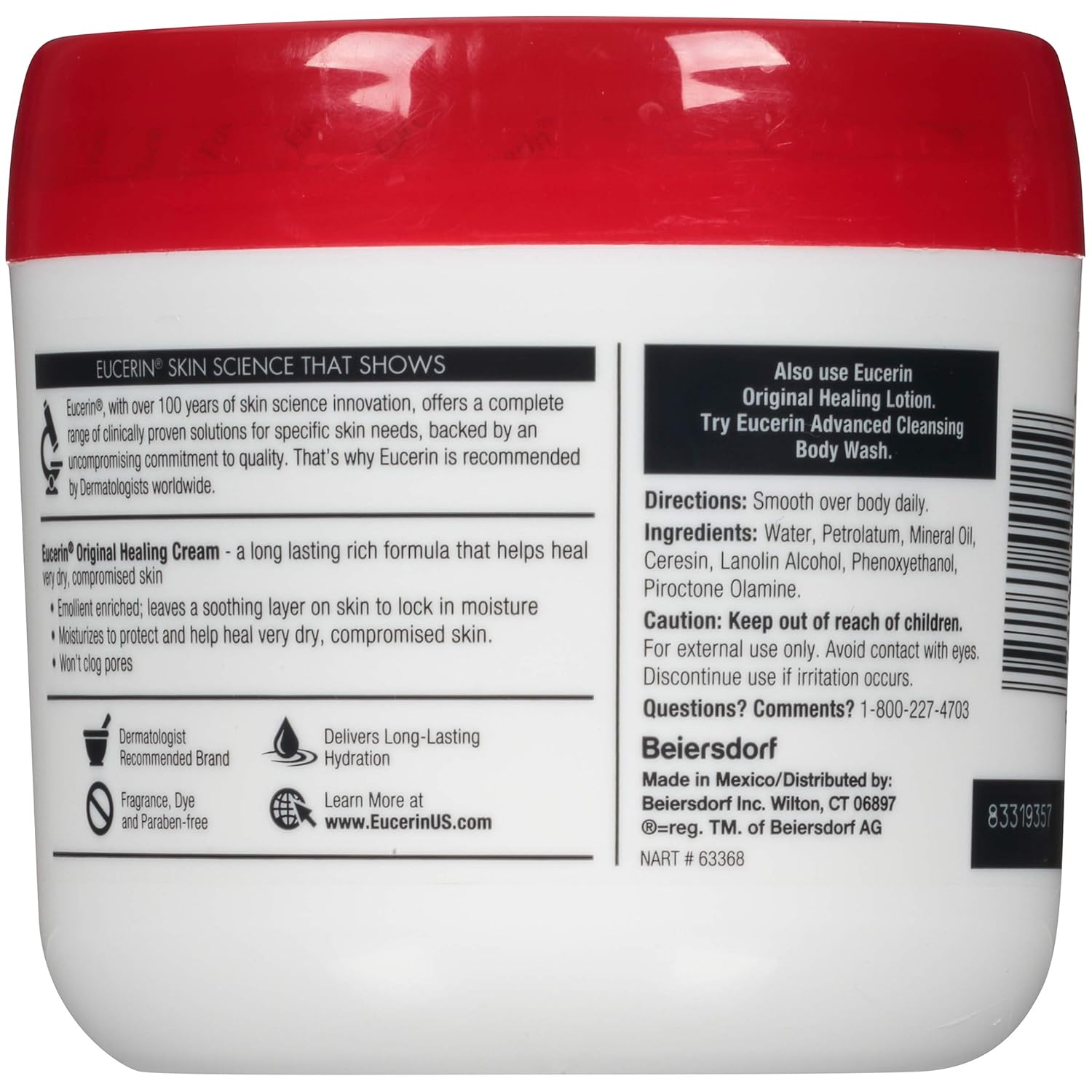 Eucerin Original Healing Cream - Fragrance Free, Rich Lotion for Extremely Dry Skin - 16 oz. Jar (Pack of 2) : Body Gels And Creams : Beauty
