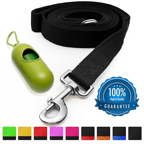 [Strong] Dog Leash with Bonus FREE Waste Bag Dispenser – Thick Padded Dual Handles, Includes Poop Bags & 100% Nylon (6ft. Long) – Comfortable Grip – Ideal for Large, Medium and Small Dogs