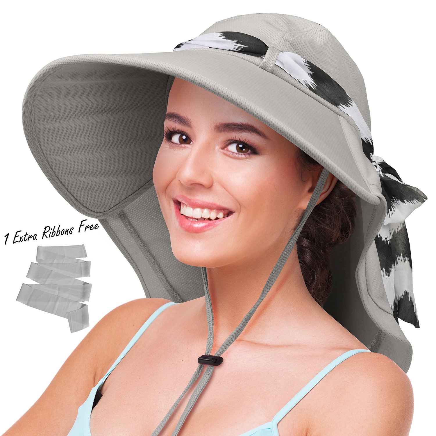 Solaris Women’s Sun Hat Neck Flap Wide Brim UV Protection UPF 50+ Foldable Fishing Cap with Extra Replaceable Ribbon Silver