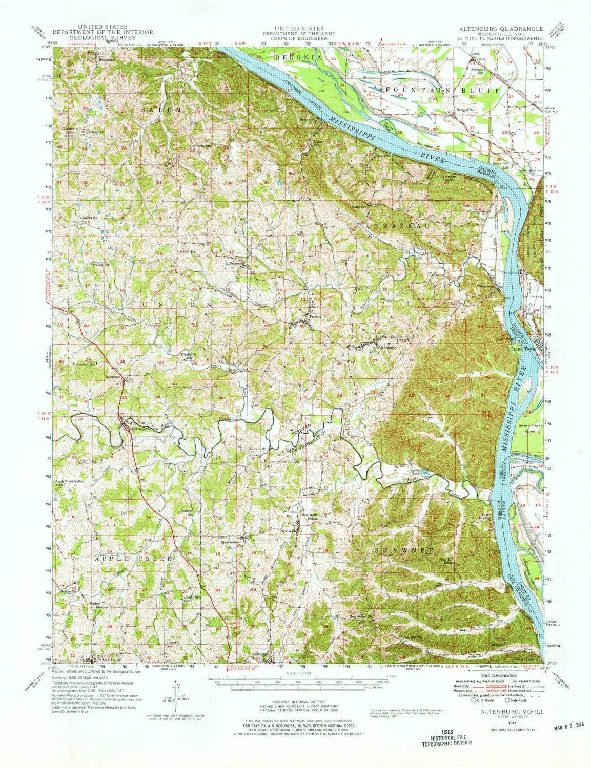 YellowMaps Altenburg MO topo map, 1:62500 Scale, 15 X 15 Minute, Historical, 1947, Updated 1976, 21.8 x 17.6 in