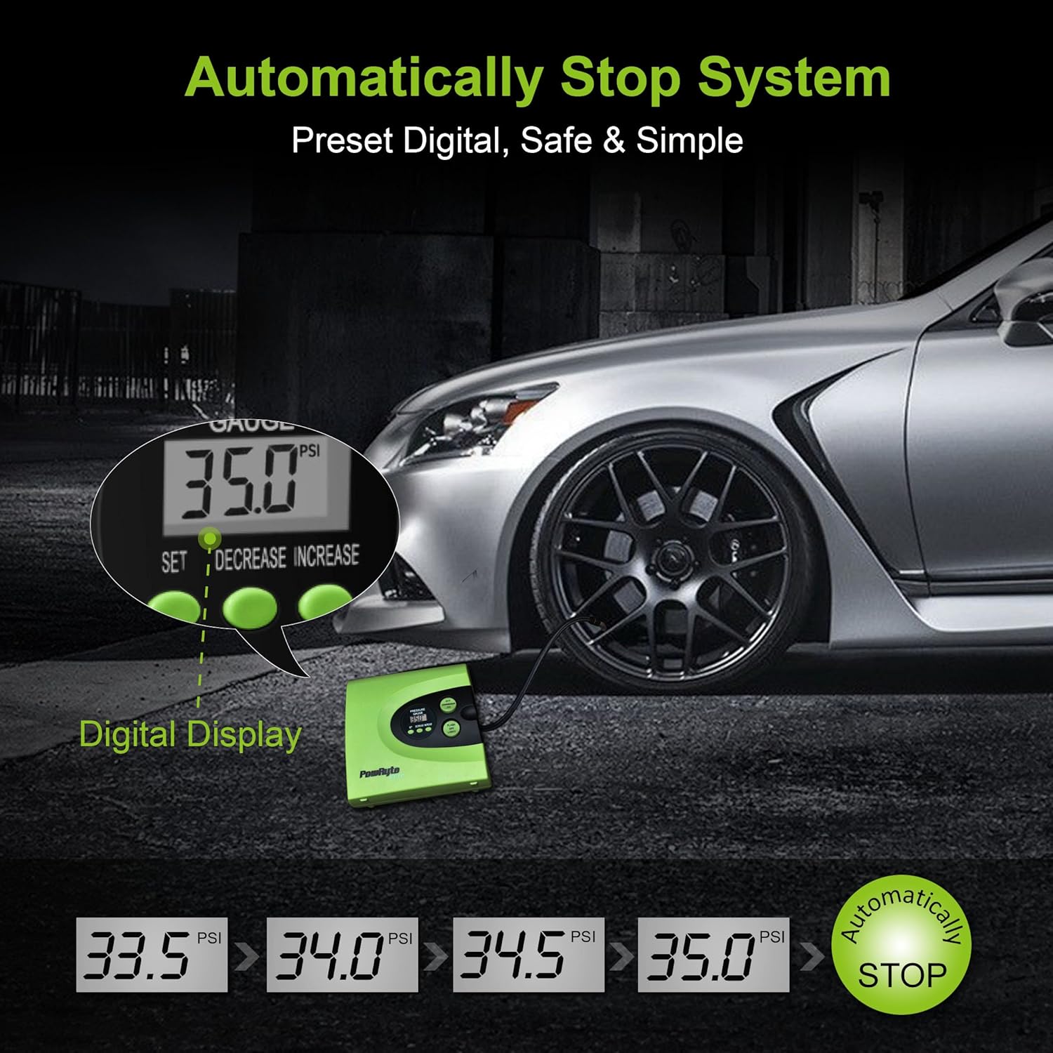 PowRyte Digital Tire Inflator with 12VDC,Portable Air Compressor,28mm Larger on Cylinder Diameter Than Other Brand which 22mm in Inflator,Then 40% Faster on Inflating: Automotive
