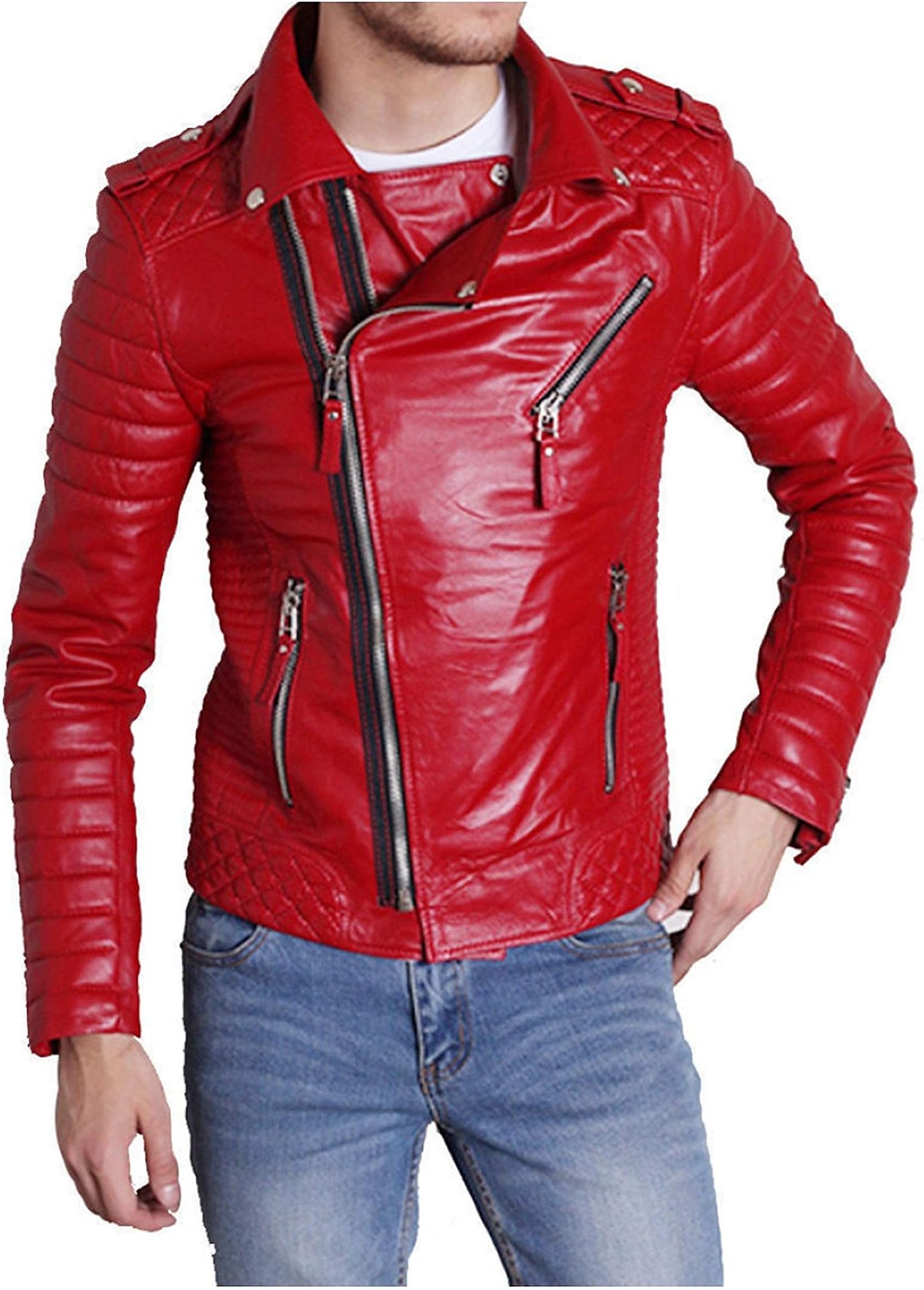 Seek Comfort Men's Red Genuine Real Lambskin Leather Biker Motorcycle Pure Leather Jacket