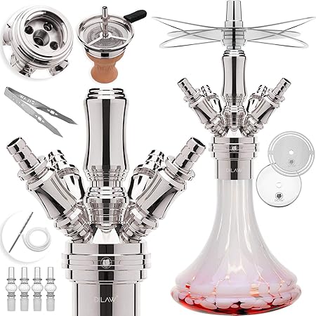 DILAW® Smart Shisha Edelstahl V2A Komplettset 38cm Hookah | Mini to go ?+ Glas Kohleteller | 4 Anschlüsse Adapter | Wasserpfe