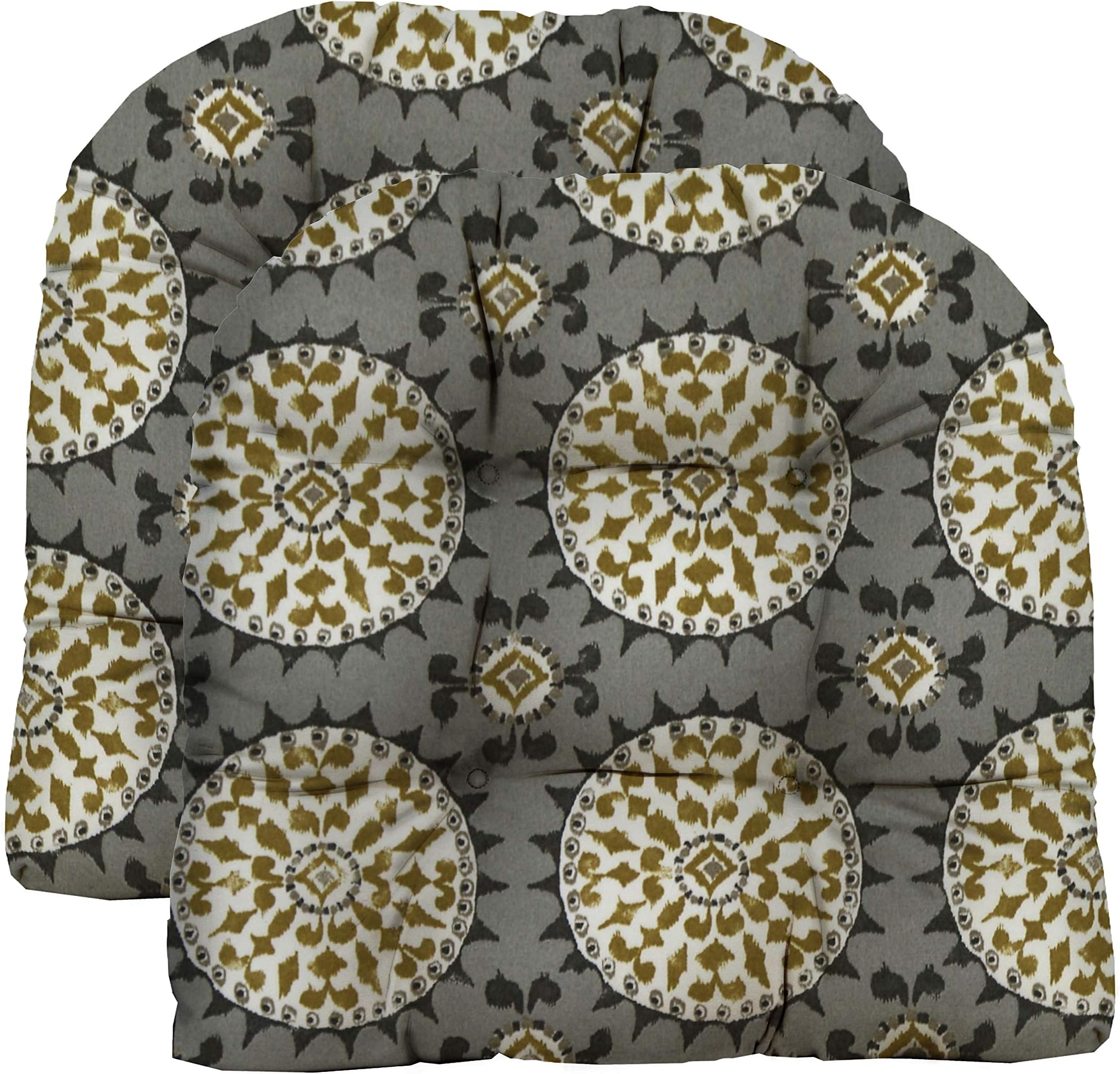 RSH Décor Set of 2 Indoor Outdoor Wicker Tufted U - Shape Chair Cushions - Johara Slate Suzani Bohemian Sundial Cushions (21”W x 21" D)