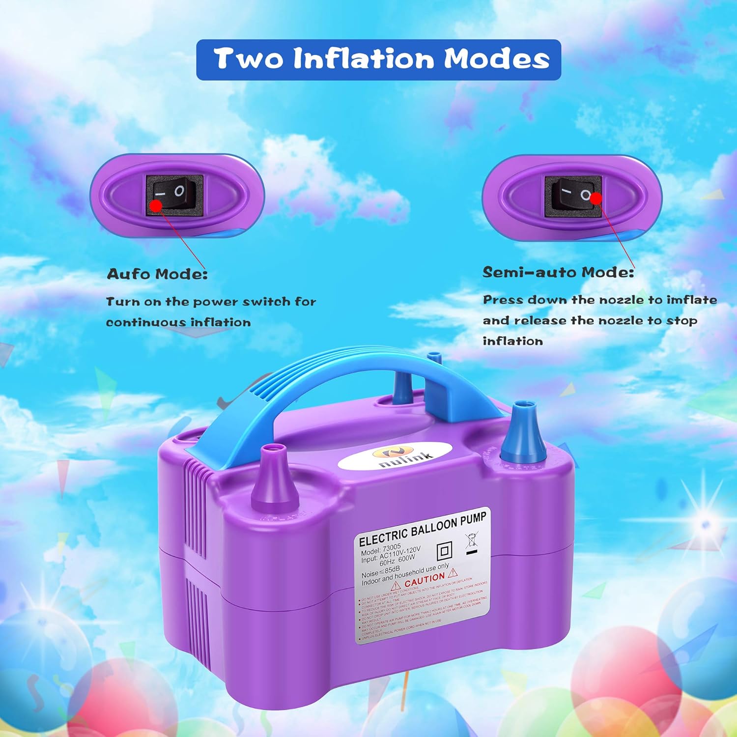NuLink Electric Portable Dual Nozzle Balloon Blower Pump Inflation for Decoration, Party, Sport [110V~120V, 600W, Purple]: Toys & Games