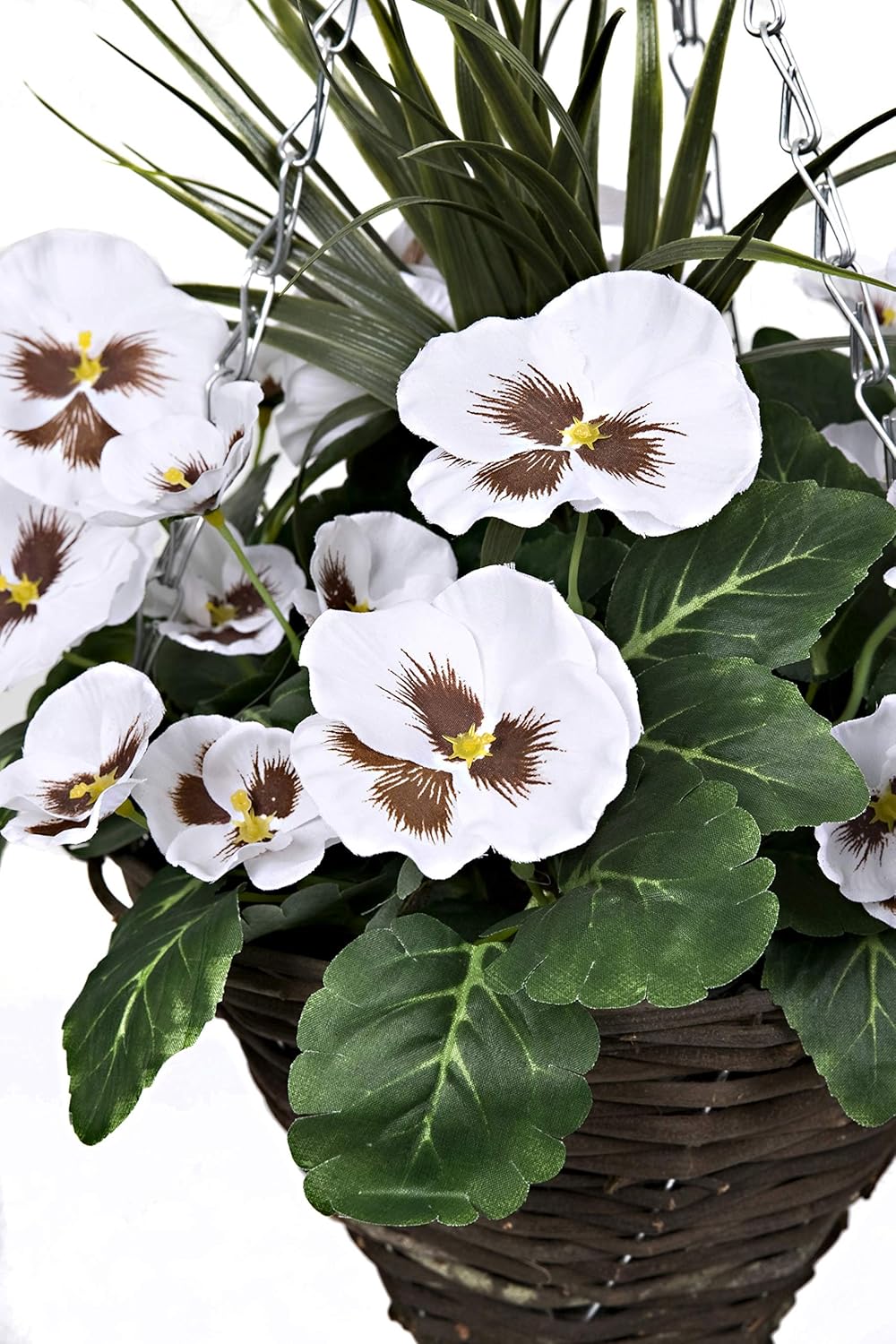 Set Of 2 Greenbrokers With White Flowers And Decorative Grasses Cone Hanging Baskets 2 X Artificial Shaped Hanging Planters Baskets Co Garden Outdoors