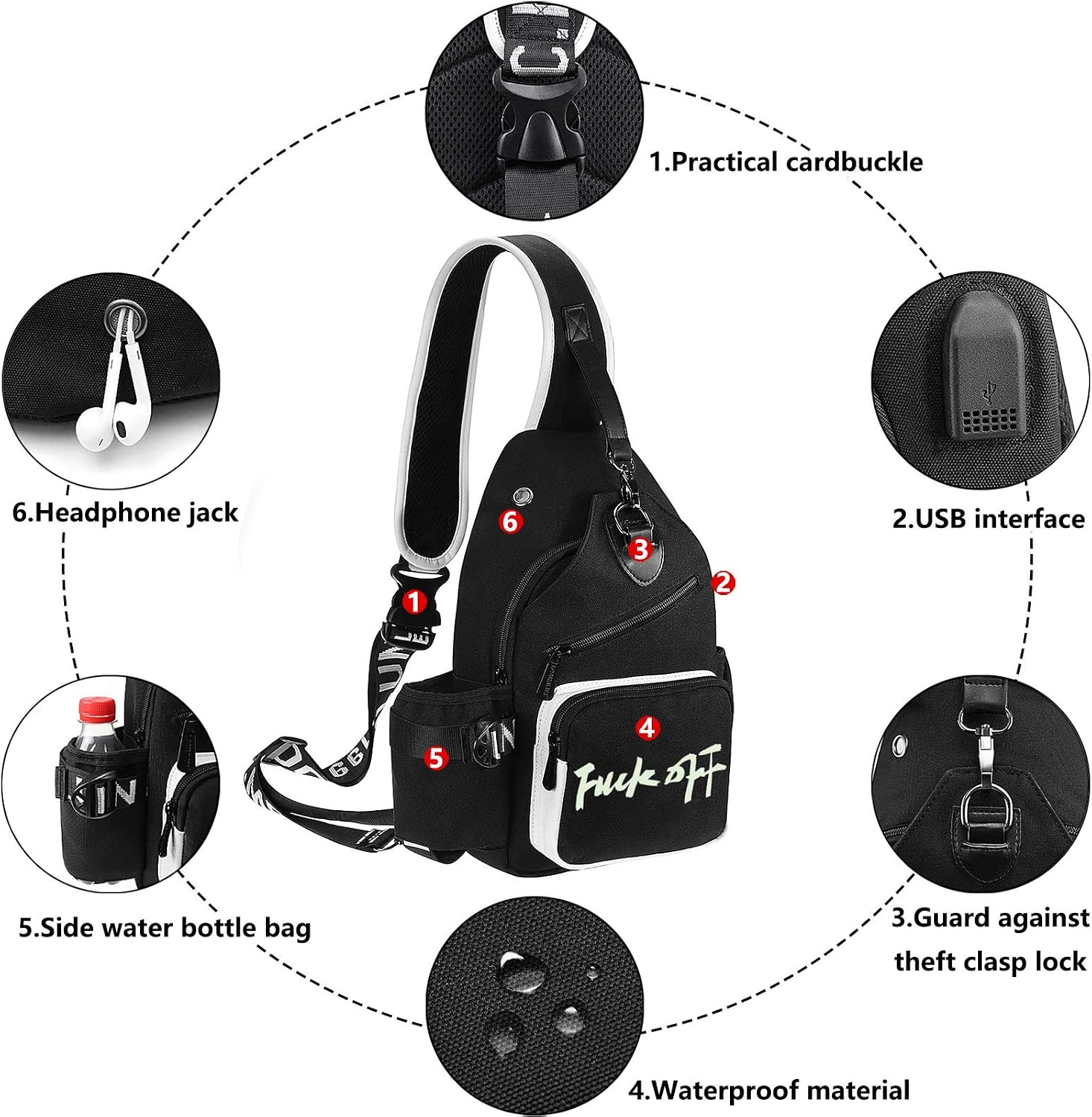 Xinveen Luminous Sling Bag Cross Body Shoulder Backpack Multifunction Chest Bag with USB Charging Port for Men Boys Travel Sports Off - Image 5