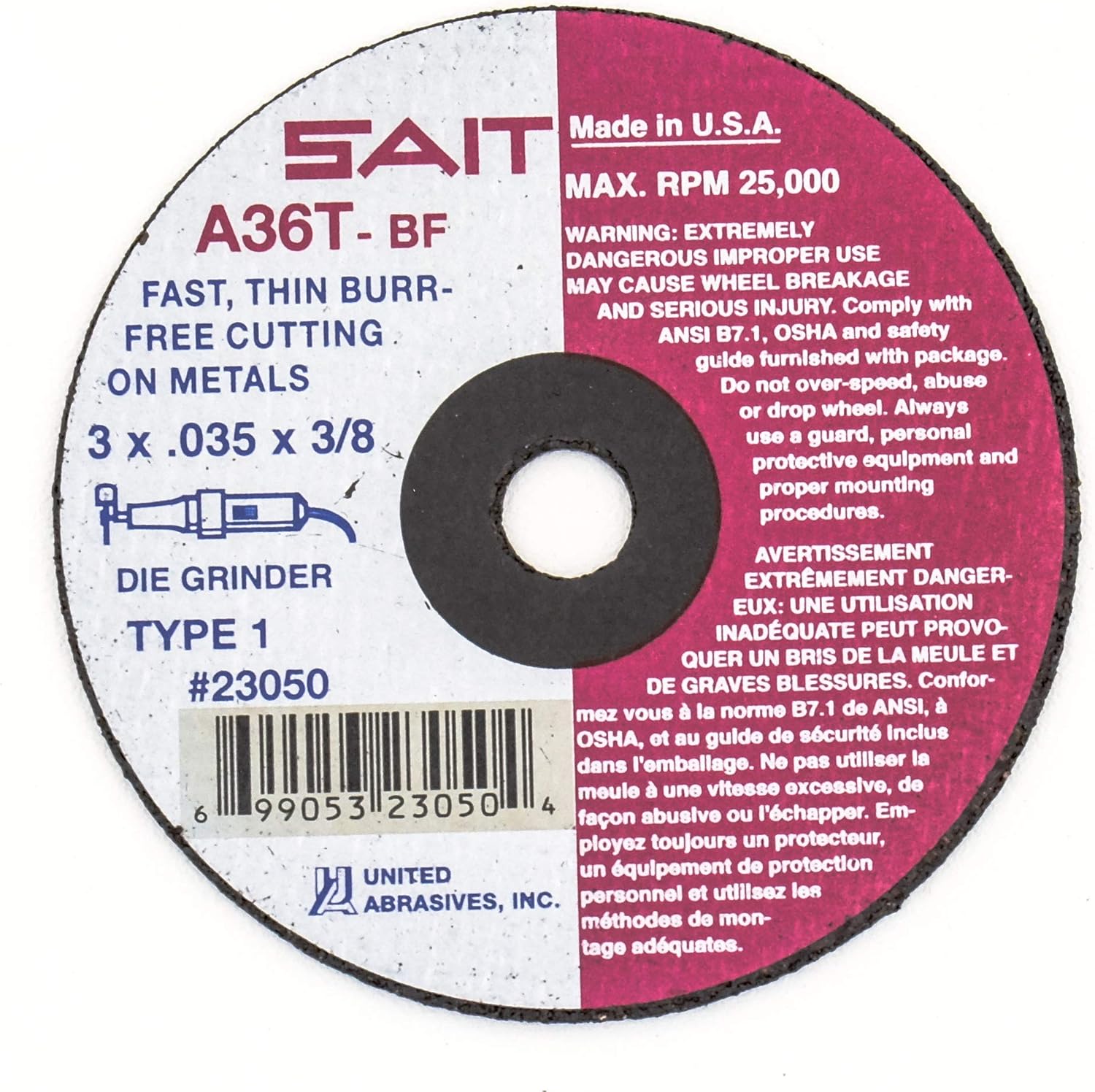 United Abrasives-SAIT 23069 Type 1 4-Inch x .035-Inch x 3/8-Inch Grade A36T Fast Cutting Wheel, 50-Pack