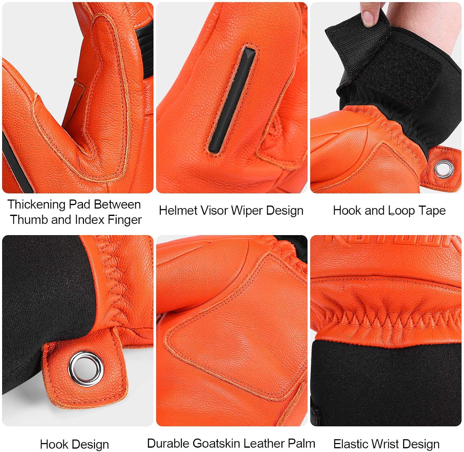 KUTOOK Ski Mittens with HIPORA Waterproof Membrane Goat Leather Gloves for Skiing Outdoor: Clothing