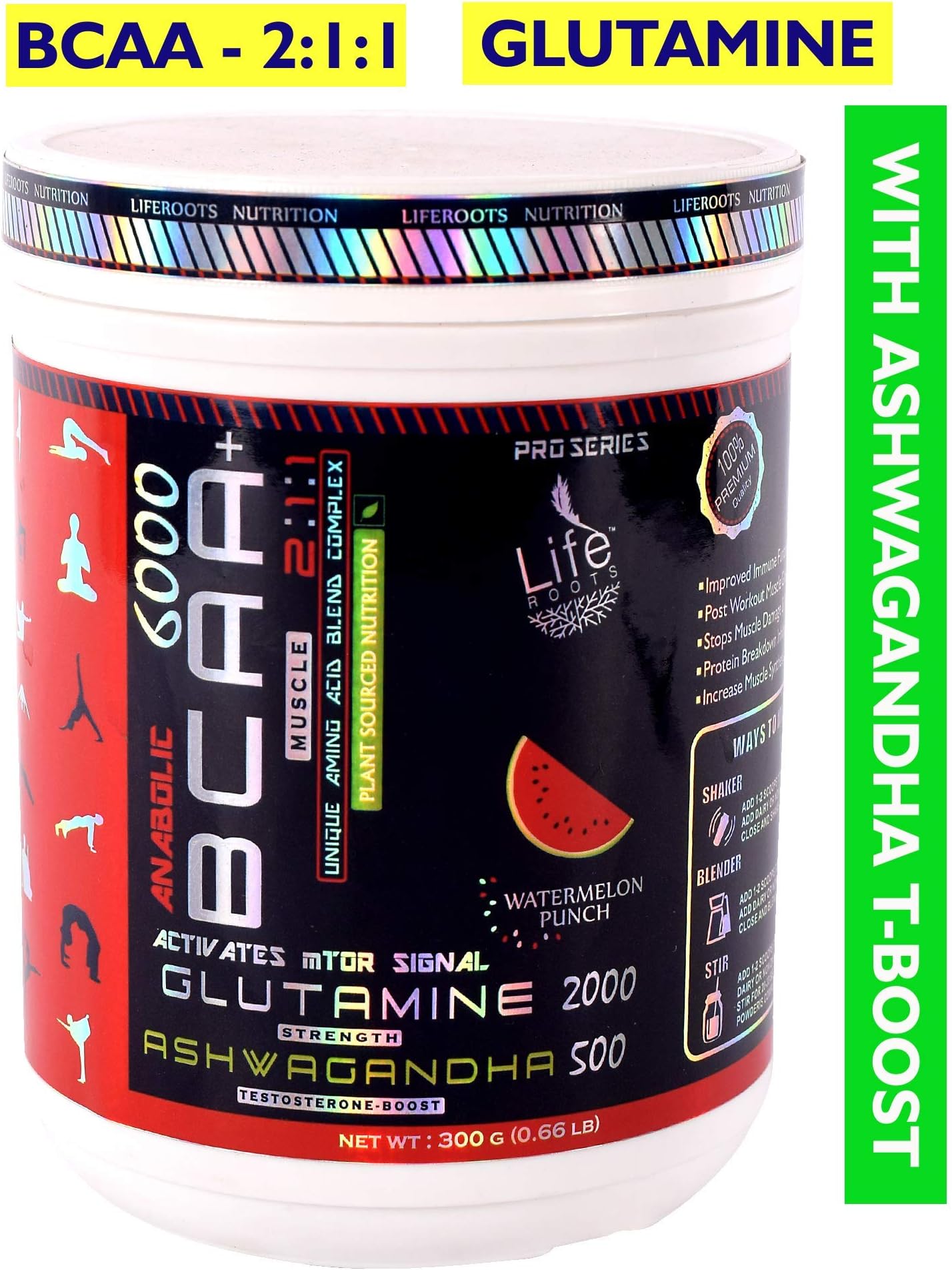 Life Roots Ashwagandha Watermelon Punch Flavor Plant Sourced Bcaa Glutamine, 300 g