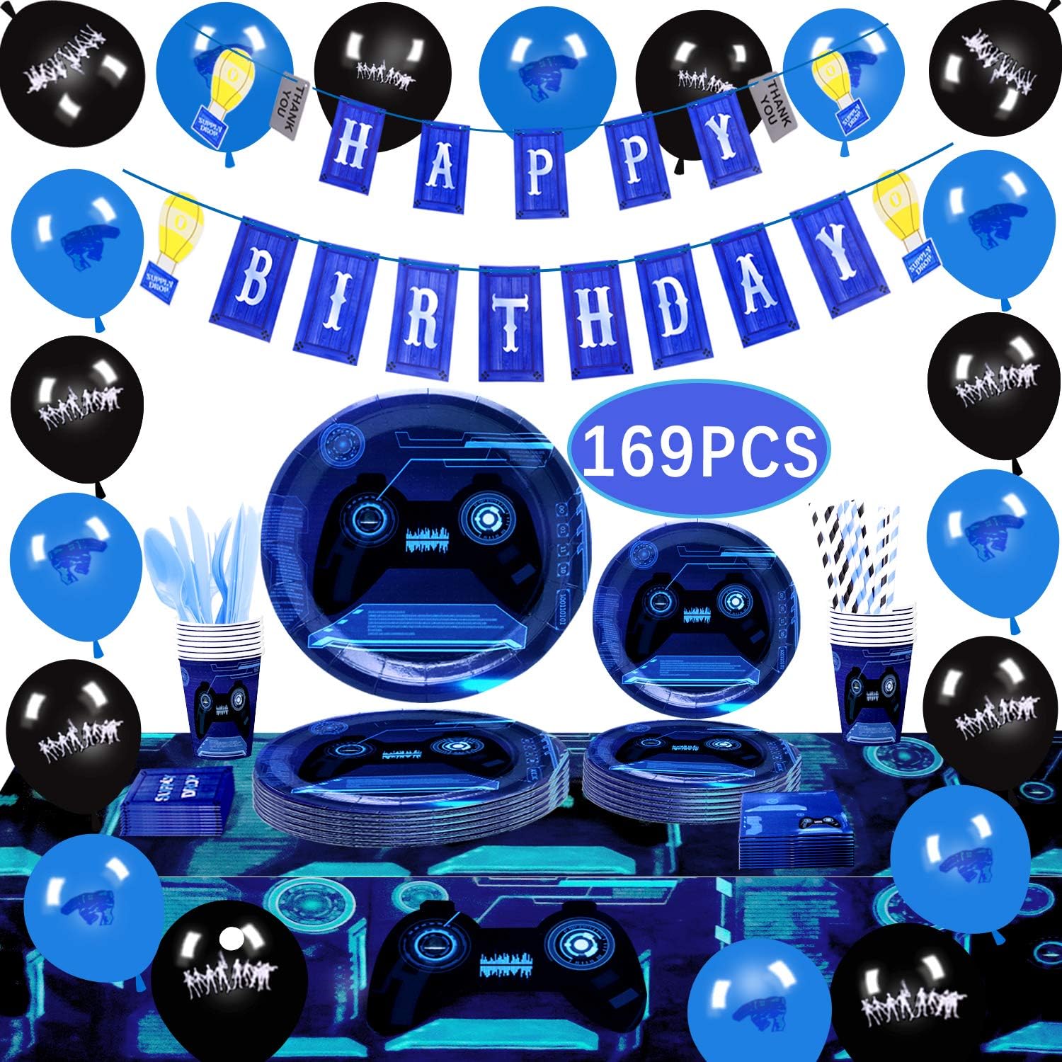 Habbipet Video Game Party Supplies with Happy Birthday Banner Boy Birthday Decorations -169 Pieces Service 16 Guests