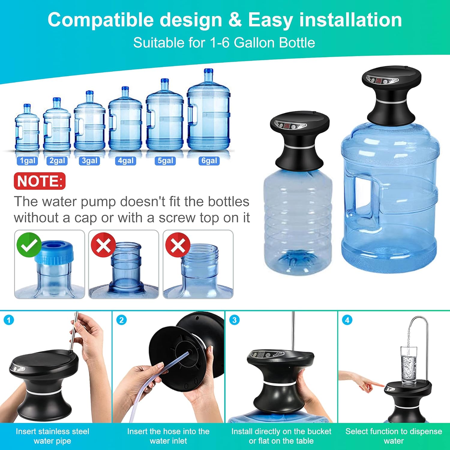 Drinking Water Dispenser Pump, Maypott Automatic Electric Water Pump for 5 Gallon Bottle, USB Rechargeable BPA-Free Water Bottle Dispenser Portable for Home Kitchen, Office, Camping（Black） - - 