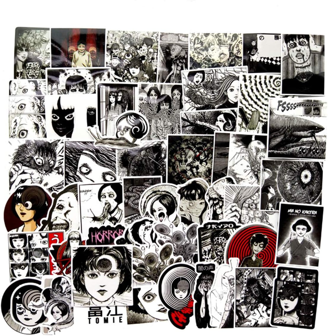56PCS Tomie Comic Print Black and White Thriller Horror Style Toy Sticker for Water Bottle Skateboard Luggage Trolley Laptop Doodle Cool Sticker
