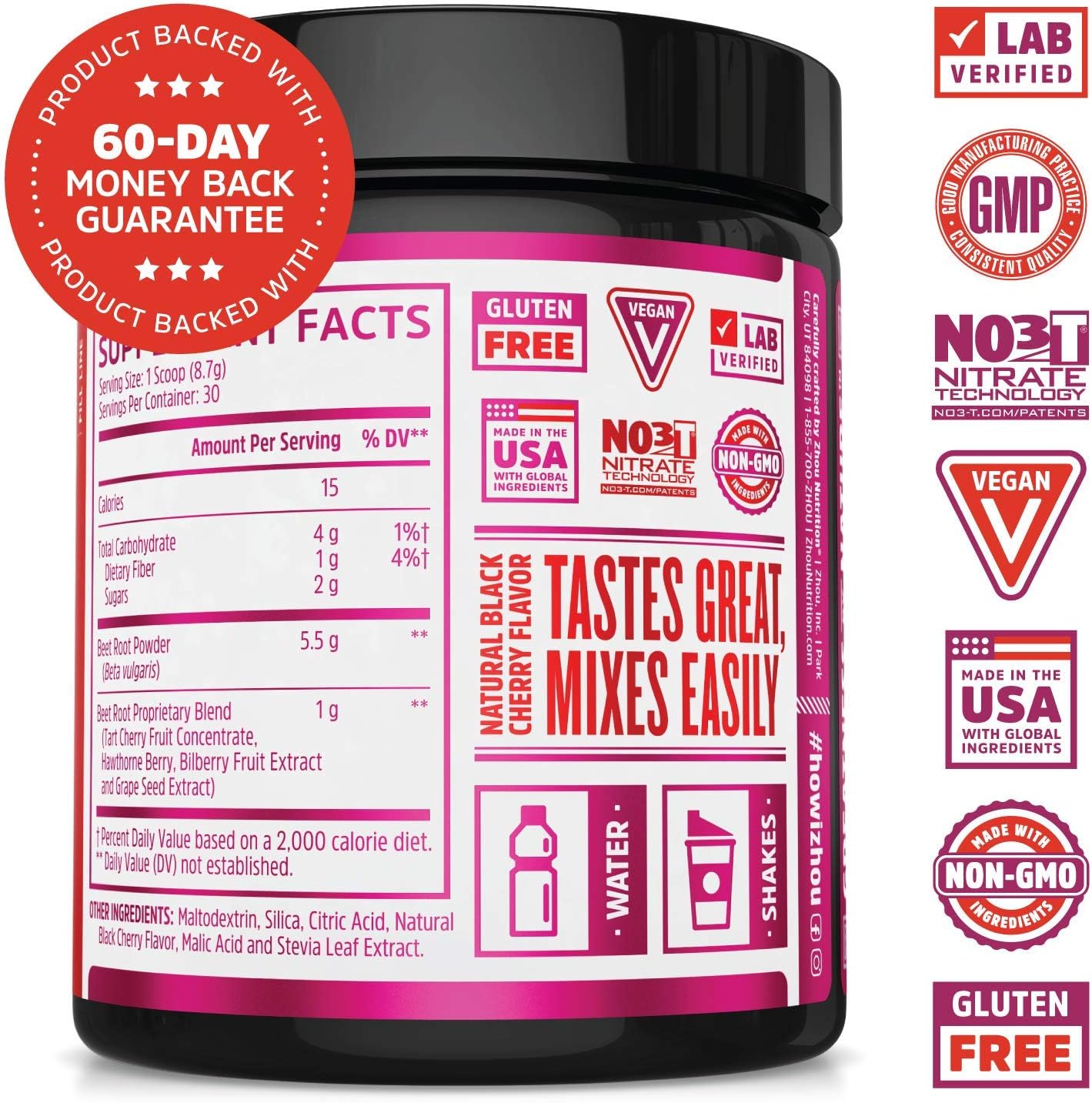 Zhou Beet Complete | Nitric Oxide Superfood Powder | Preworkout Formulated to Boost Performance & Heart Health | Black Cherry Flavor | 9.24 oz: Health & Personal Care