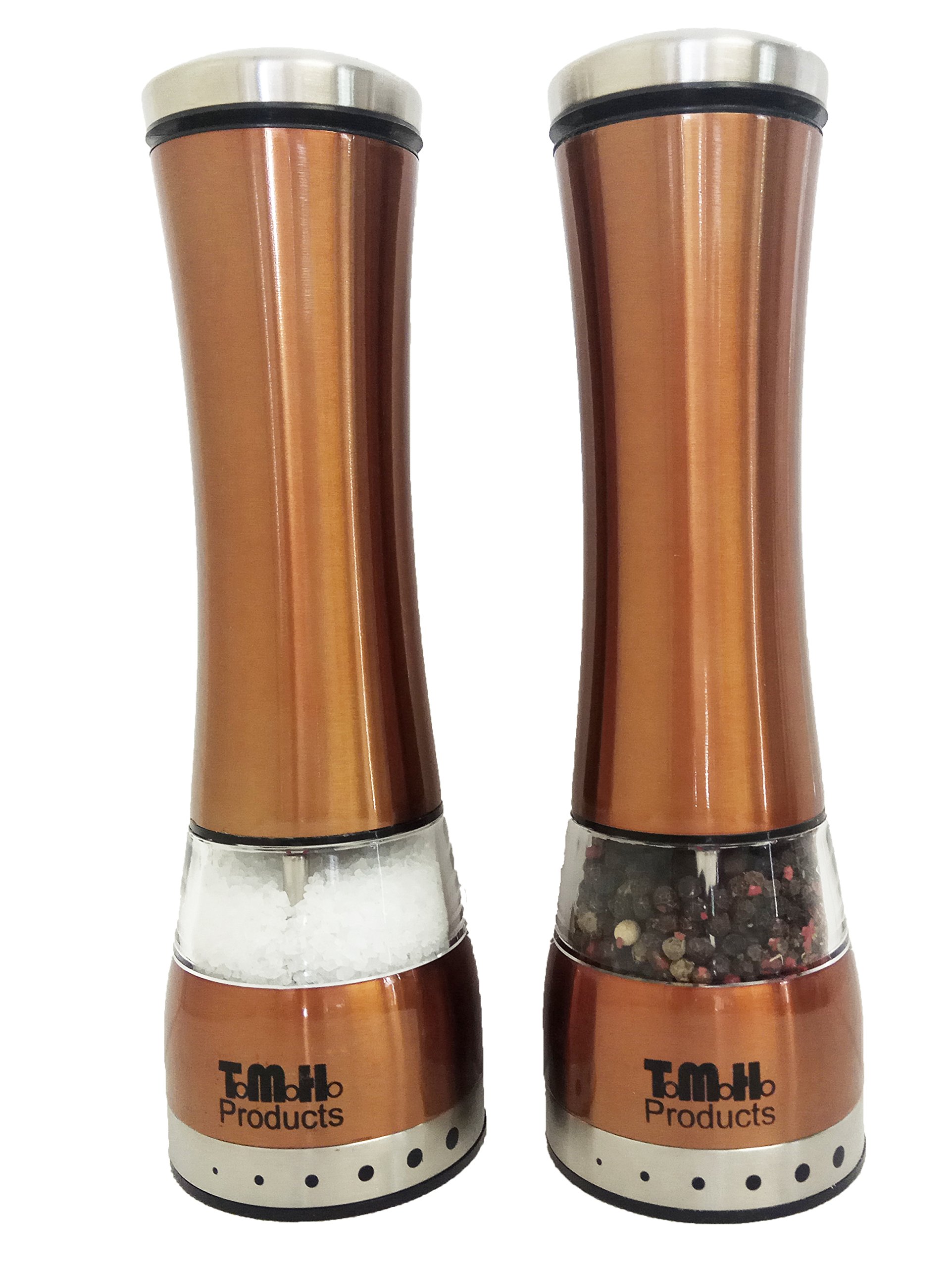 Electric Salt & Pepper Grinder Set by T.M.H. Products | Adjustable Grinder Mills, Simple to Use with Strong & Durable Mechanism | Polished Stainless-Steel | Brushed Copper Color and Built-In LED Light