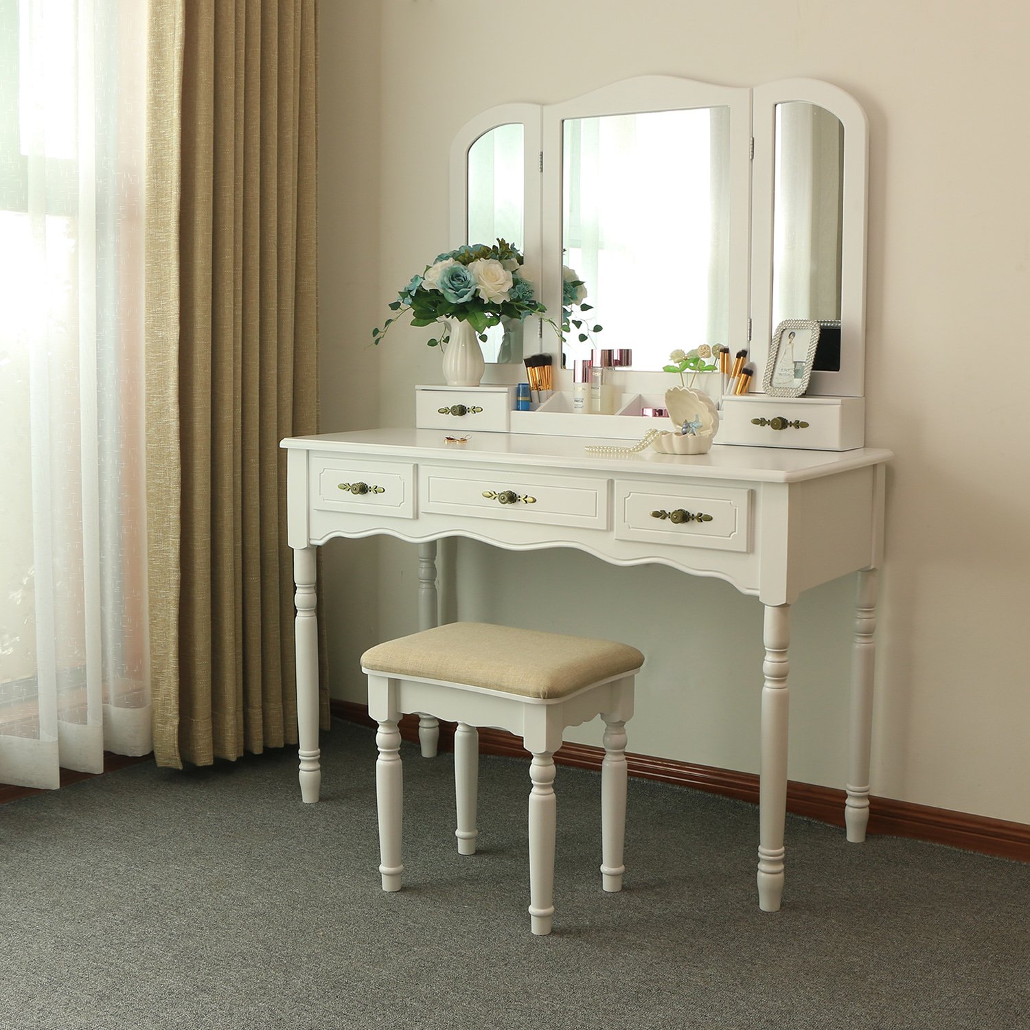 BEWISHOME Vanity Makeup Table Set 5 Drawers Desk Organizer ...