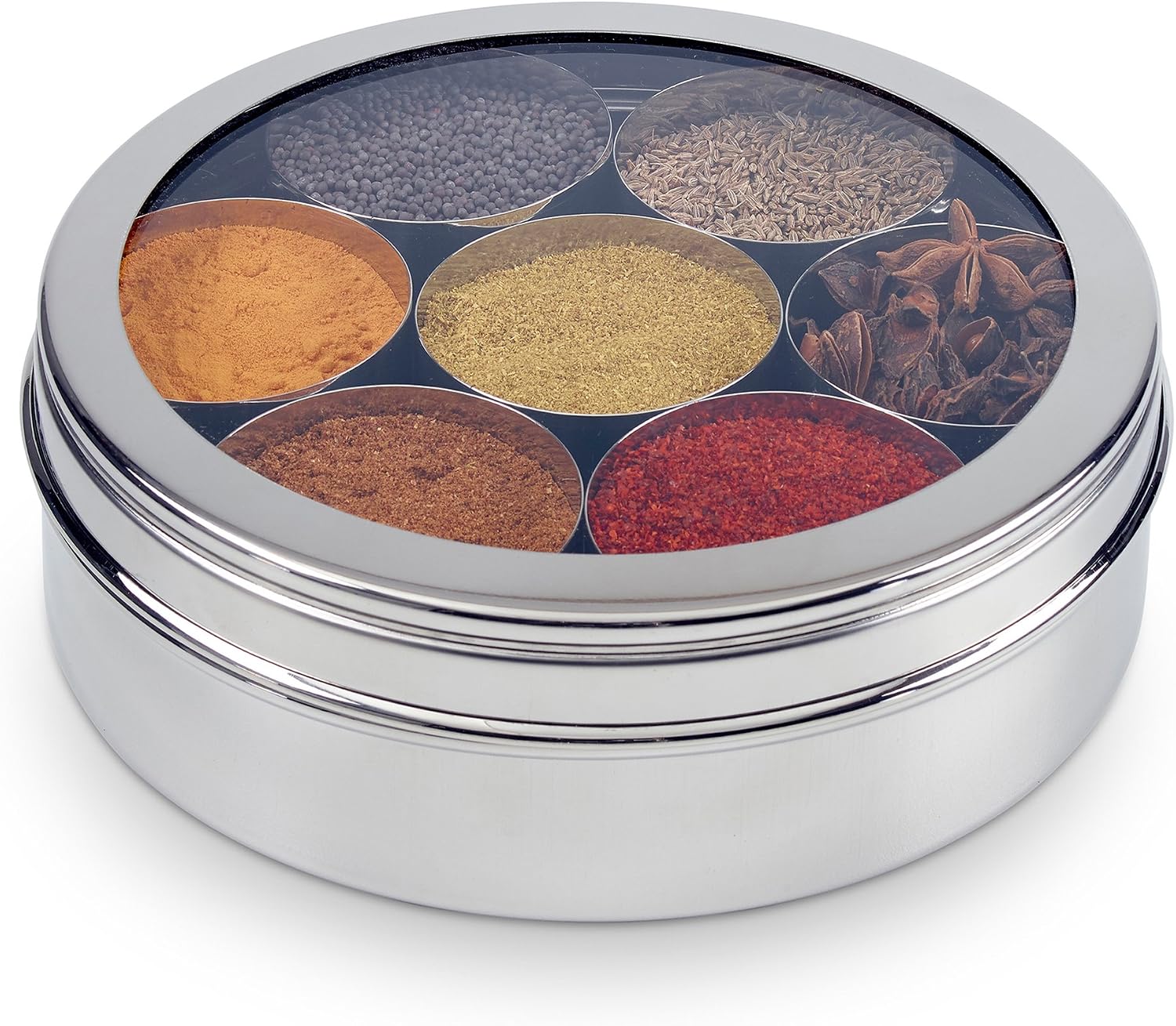 Zinel 7201 Stainless Steel Spice Box/Masala Dabba with 7 Comparments and Transparent Lid, 18cm, 18 cm, Silver - Image 4